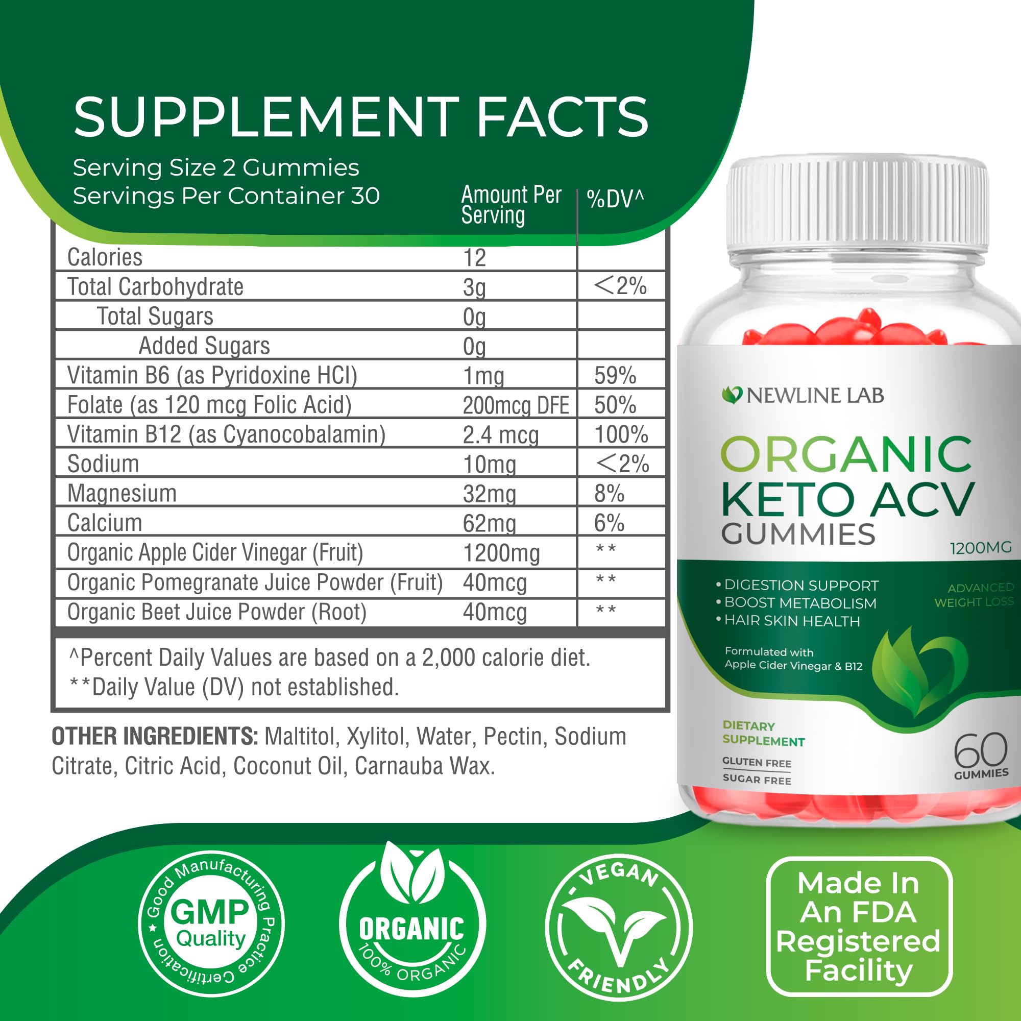 Organic Keto ACV Gummies for Advanced Weight Loss Fat Burn - Sugar Gluten Free Apple Newline Lab