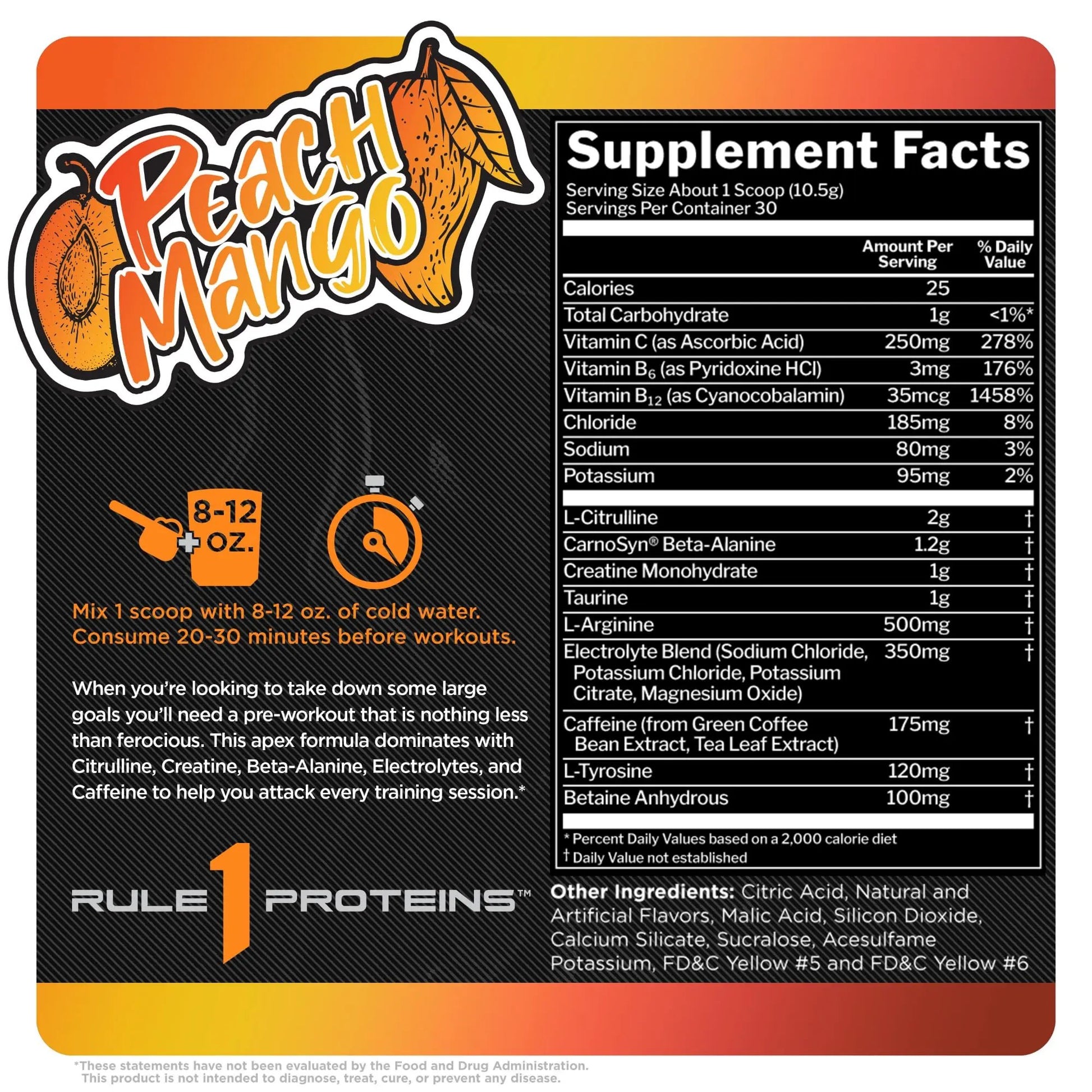 Rule 1 R1 ROAR, Peach Mango - 11.11 oz - Pre-Workout Powder - With Creatine, Beta-Alanine, Citrulline, Electrolytes & Caffeine - 30 Servings