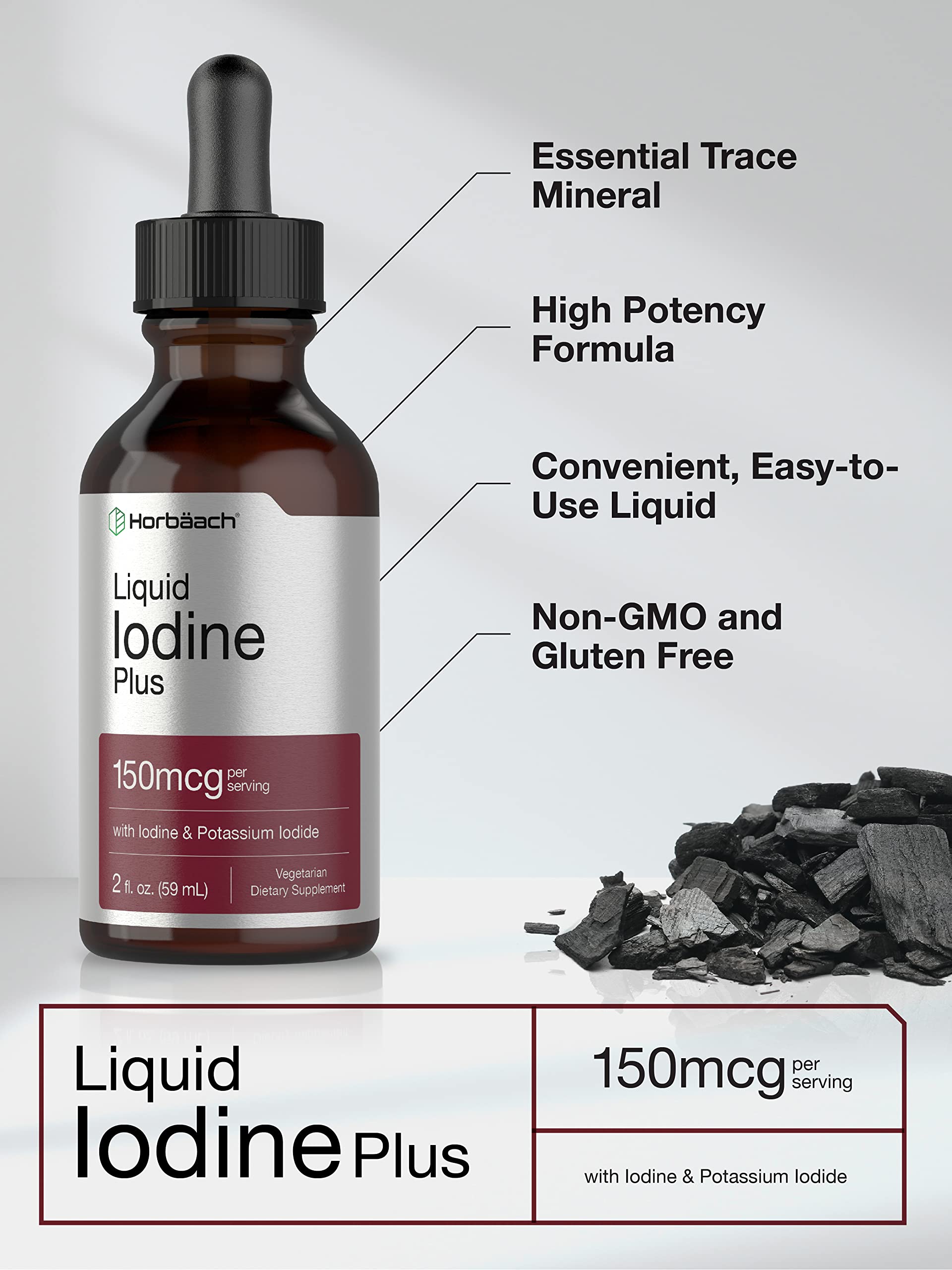 Liquid Iodine Solution Drops | 2 fl oz | 150 mcg | Iodine & Potassium Iodide Supplement Horbäach