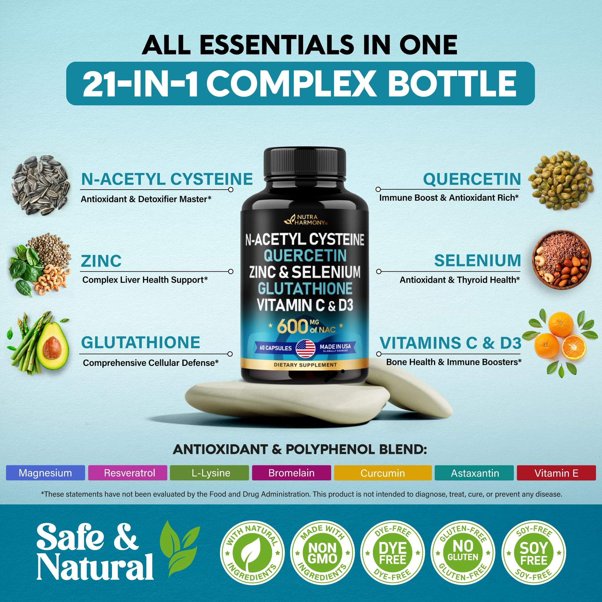 NAC 600 mg Supplement | Quercetin | Zinc | Glutathione | Selenium | Vitamin C & D3 NUTRAHARMONY