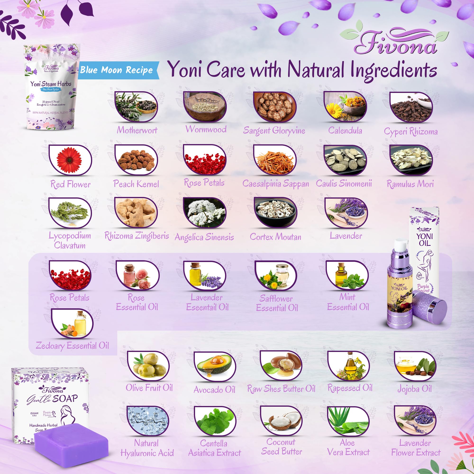 FIVONA Yoni Care Kit 3 in 1 - pH Balanced Natural Vaginal Oil 30 ml, Organic Herbal Soap 5.3 oz FIVONA