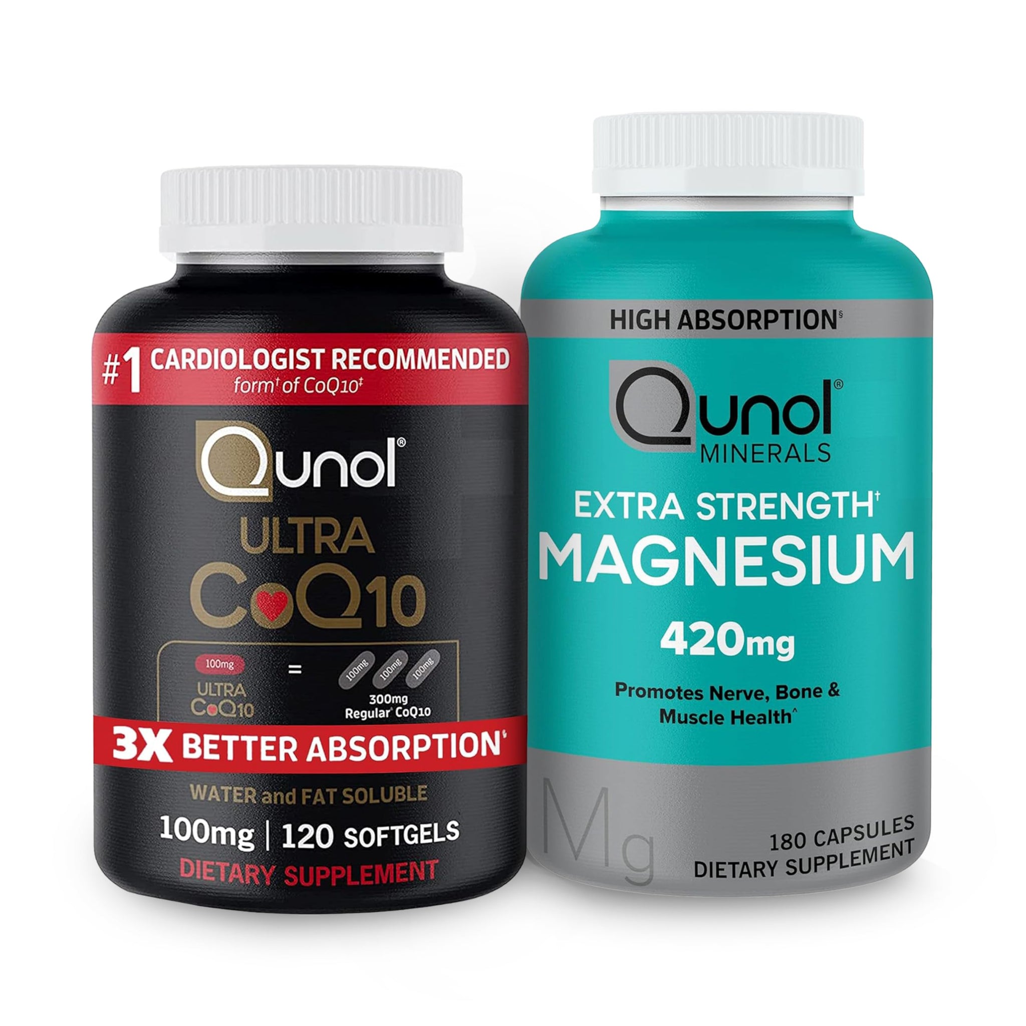 Qunol CoQ10 100mg Softgels, 3X Better Absorption 4 Month Supply + 120 Count Magnesium 