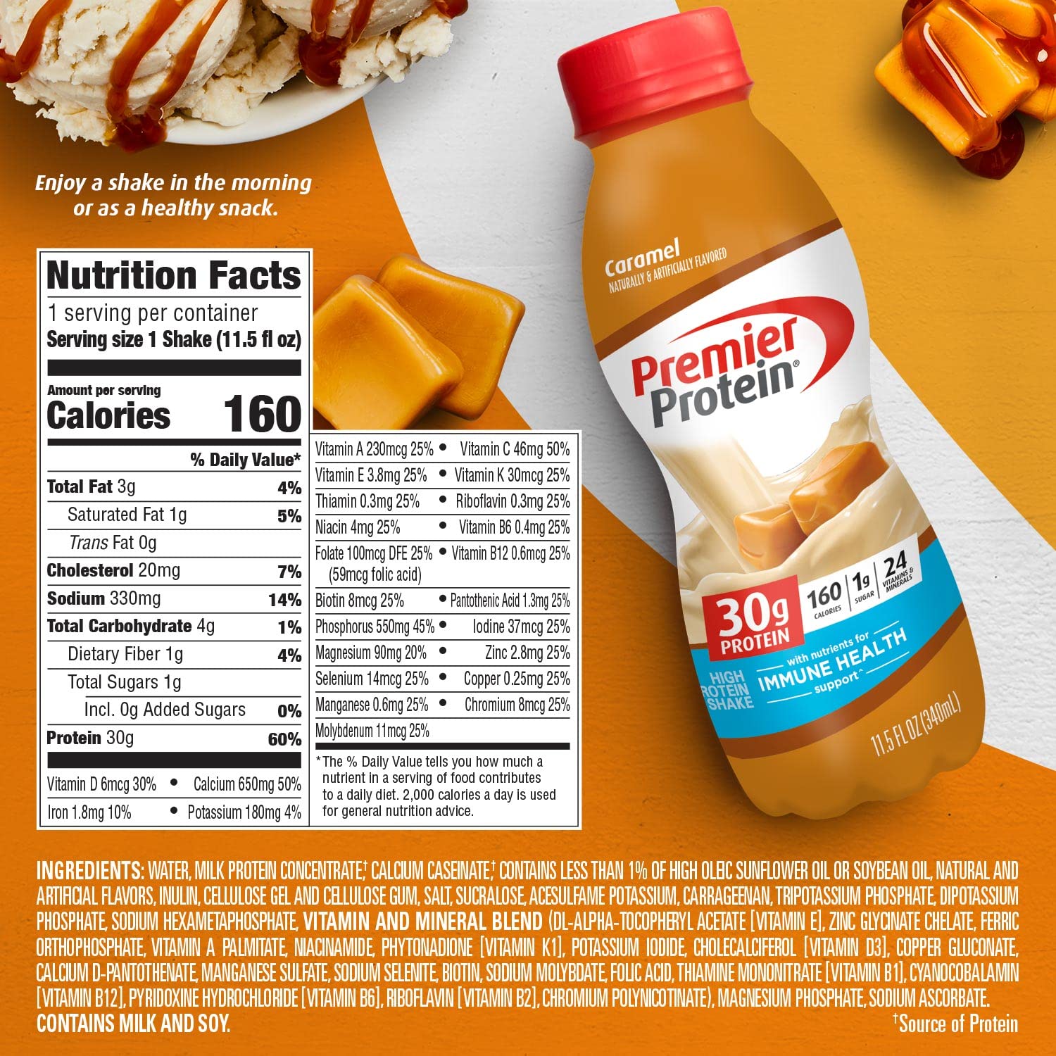 Premier Liquid Protein Shake, Caramel, 30g Protein, 1g Sugar, 24 Vitamins & Minerals Premier Protein