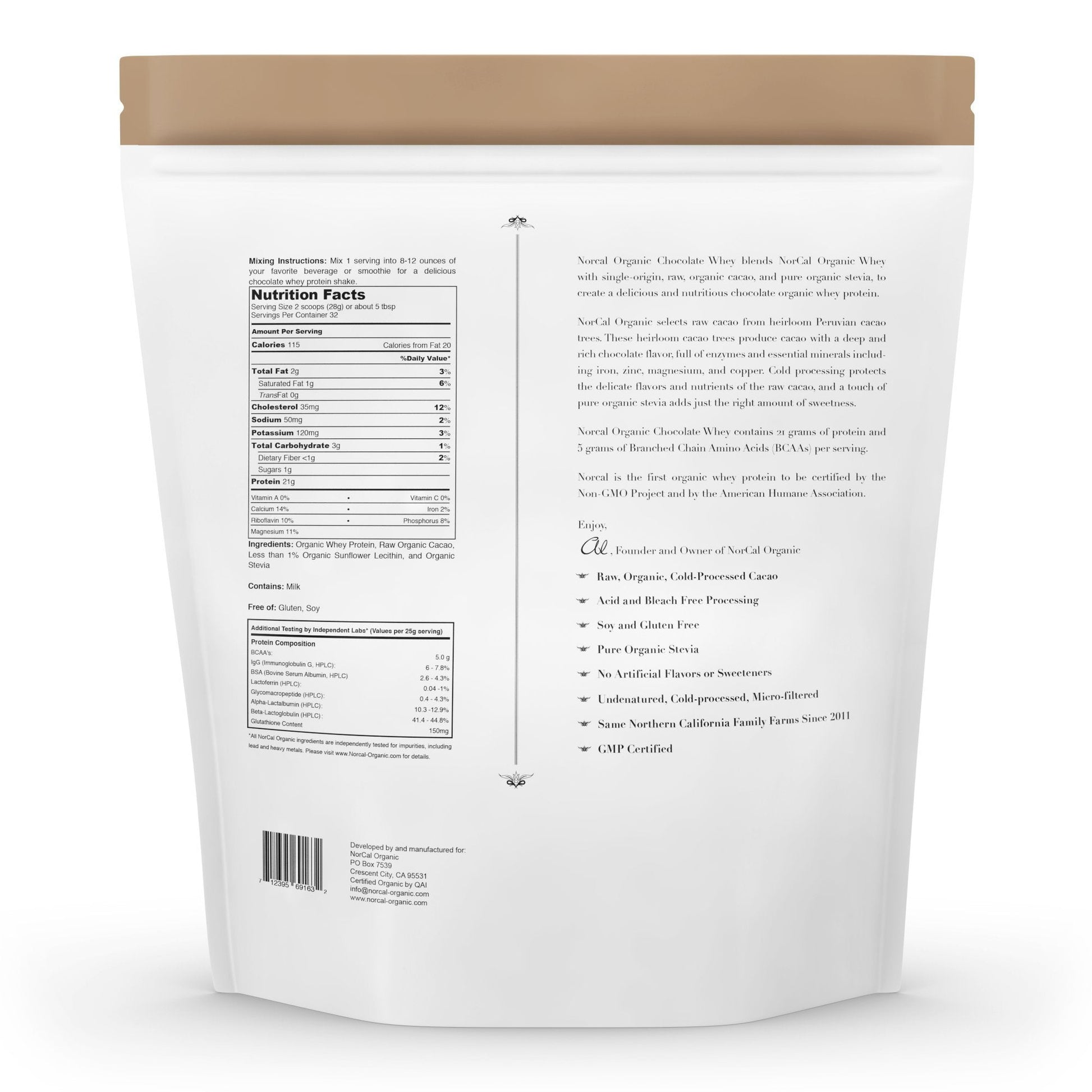 NorCal Organic Chocolate Whey Protein - 2lbs | 100% USA Grass-Fed, USDA Certified NorCal Organic