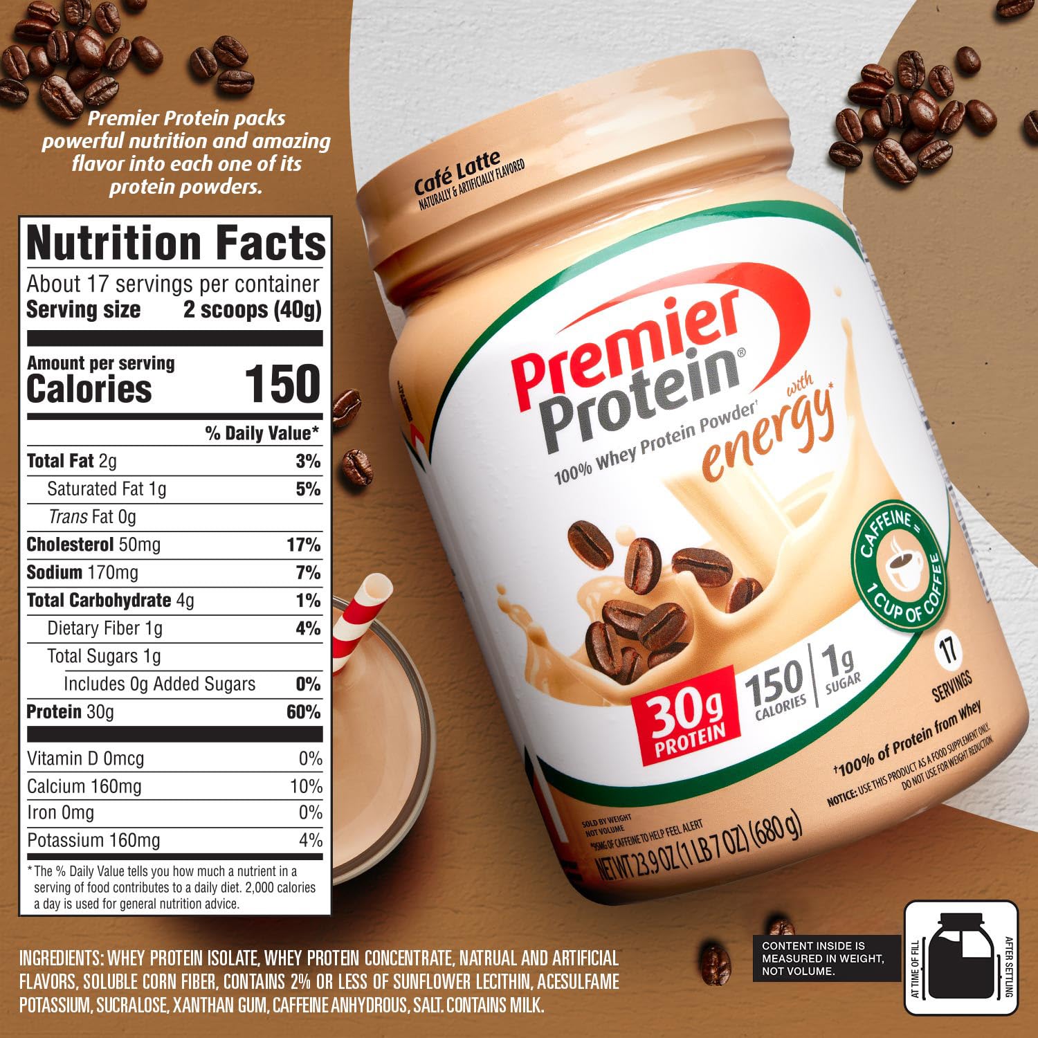 Premier Protein Powder, Cafe Latte , 30g Protein, 1g Sugar, 100% Whey Protein Premier Protein