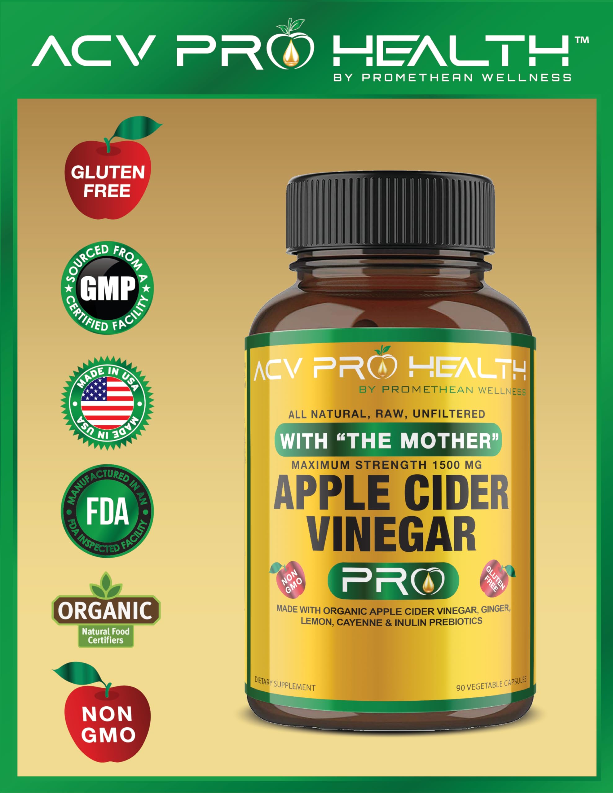 Certified Organic Apple Cider Vinegar Capsules Pro with Mother Acv Pills Detox Promethean Wellness