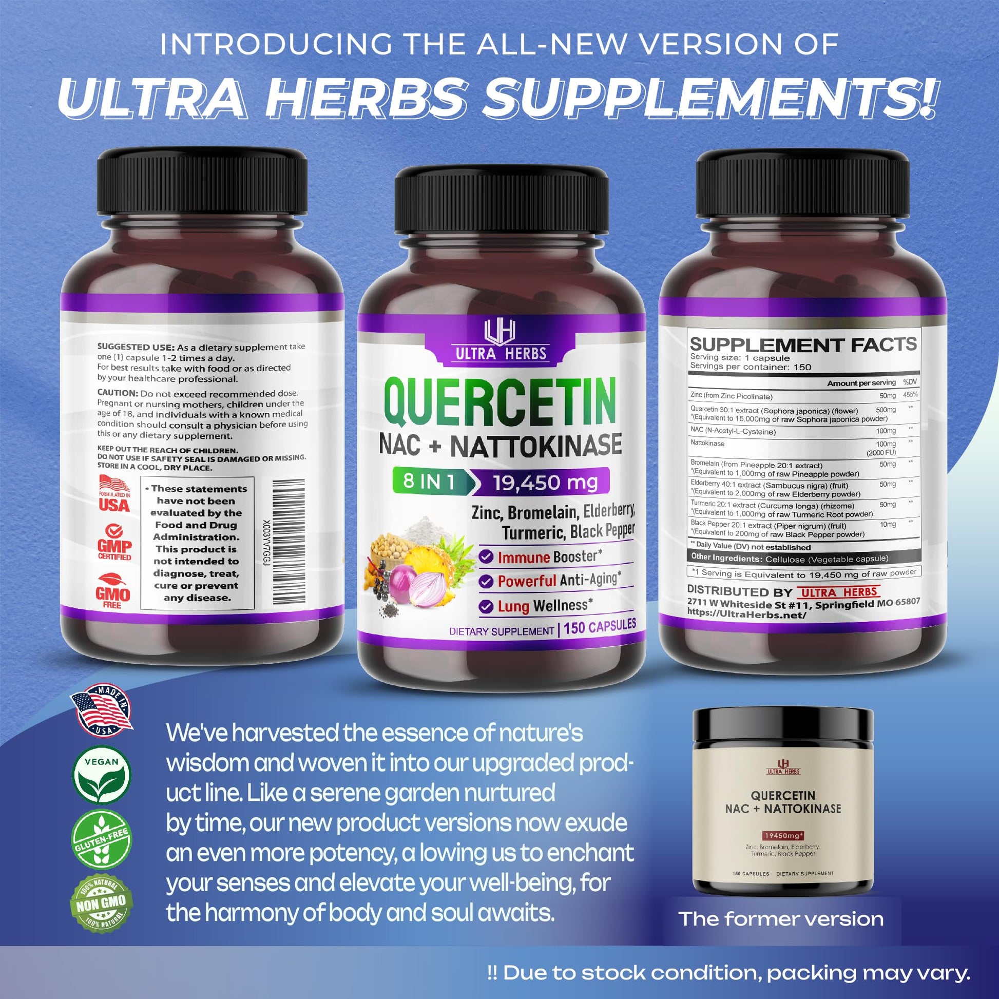 Quercetin 19,450mg 8 IN 1 with NAC, Nattokinase, Zinc, Bromelain, Elderberry, Turmeric ULTRA HERBS