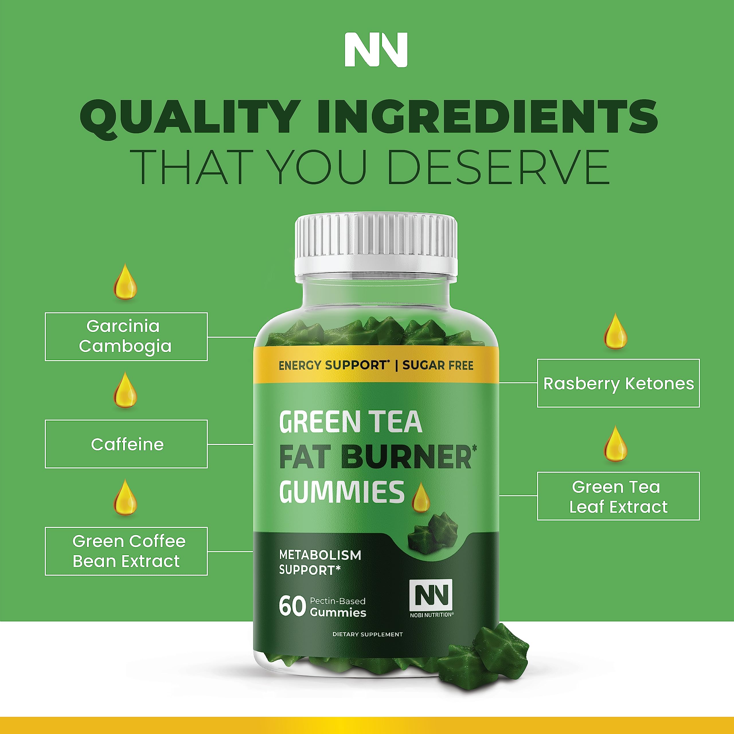 Nobi Nutrition Green Tea Fat Burner Gummies for Weight Loss | Metabolism Boost Nobi Nutrition
