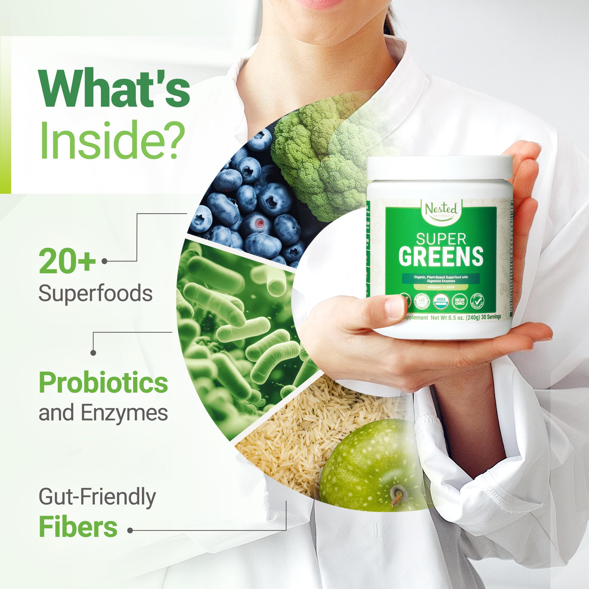 Super Greens Daily Greens Superfood Powder - Certified USDA Organic Green Powder Nested Naturals