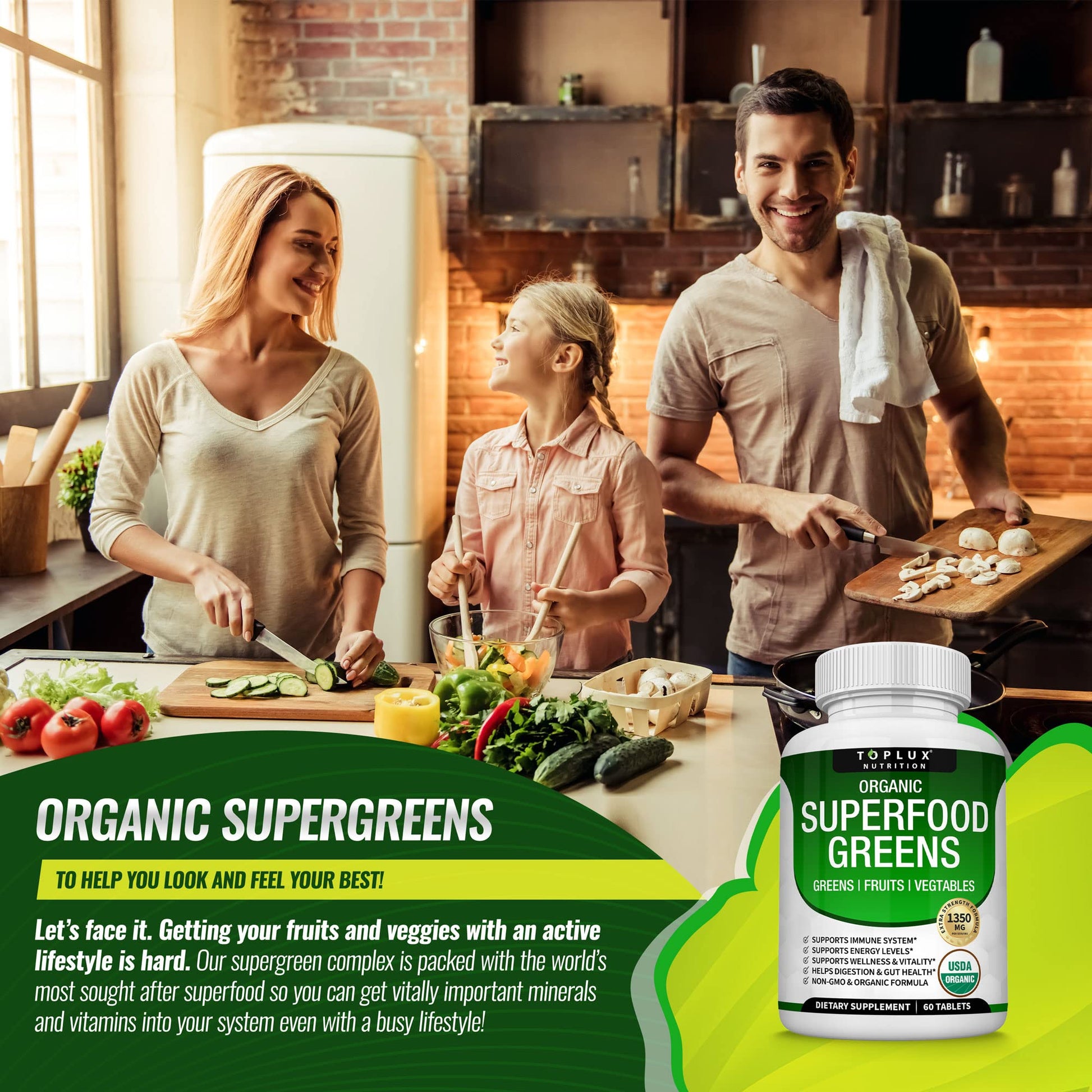 Organic Super Greens Capsules Superfood Fruit Veggie Supplement - 28 Powerful Natural Toplux