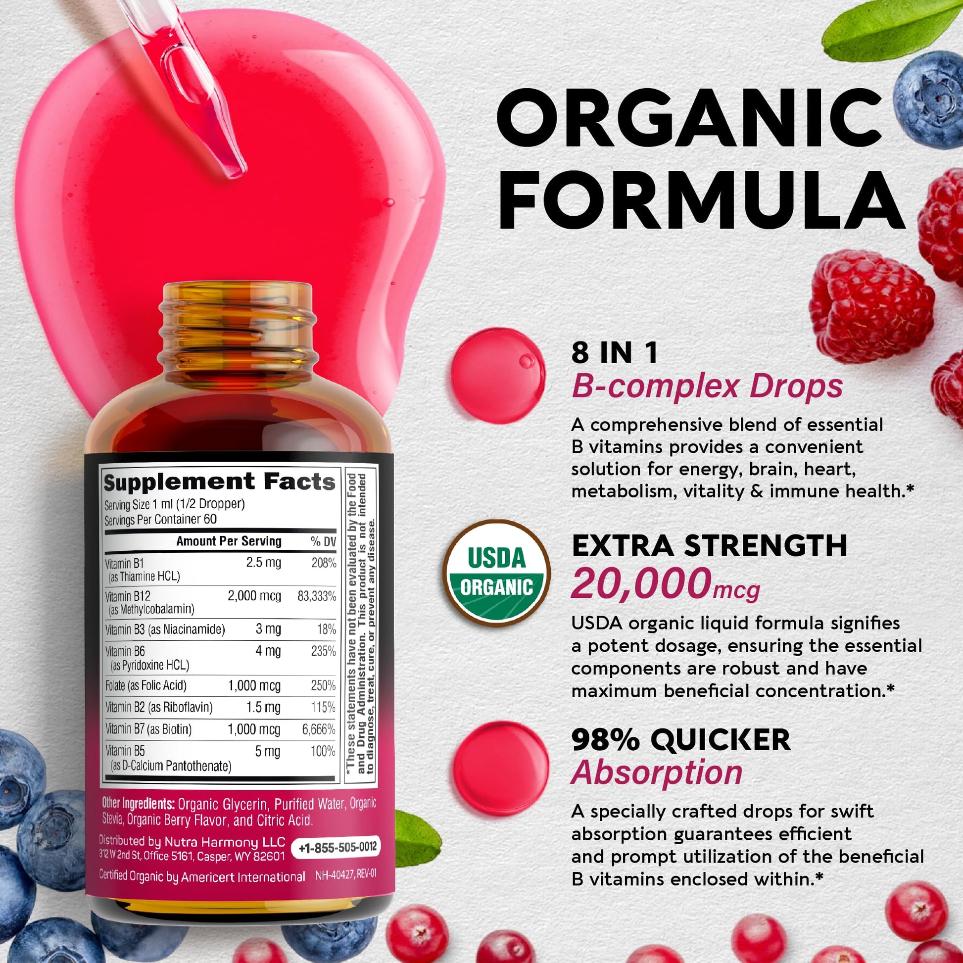USDA Organic Vitamin B Complex Liquid Drops - 8-in-1 B Complex Vitamins: B1, B2, B3, B5 NUTRAHARMONY