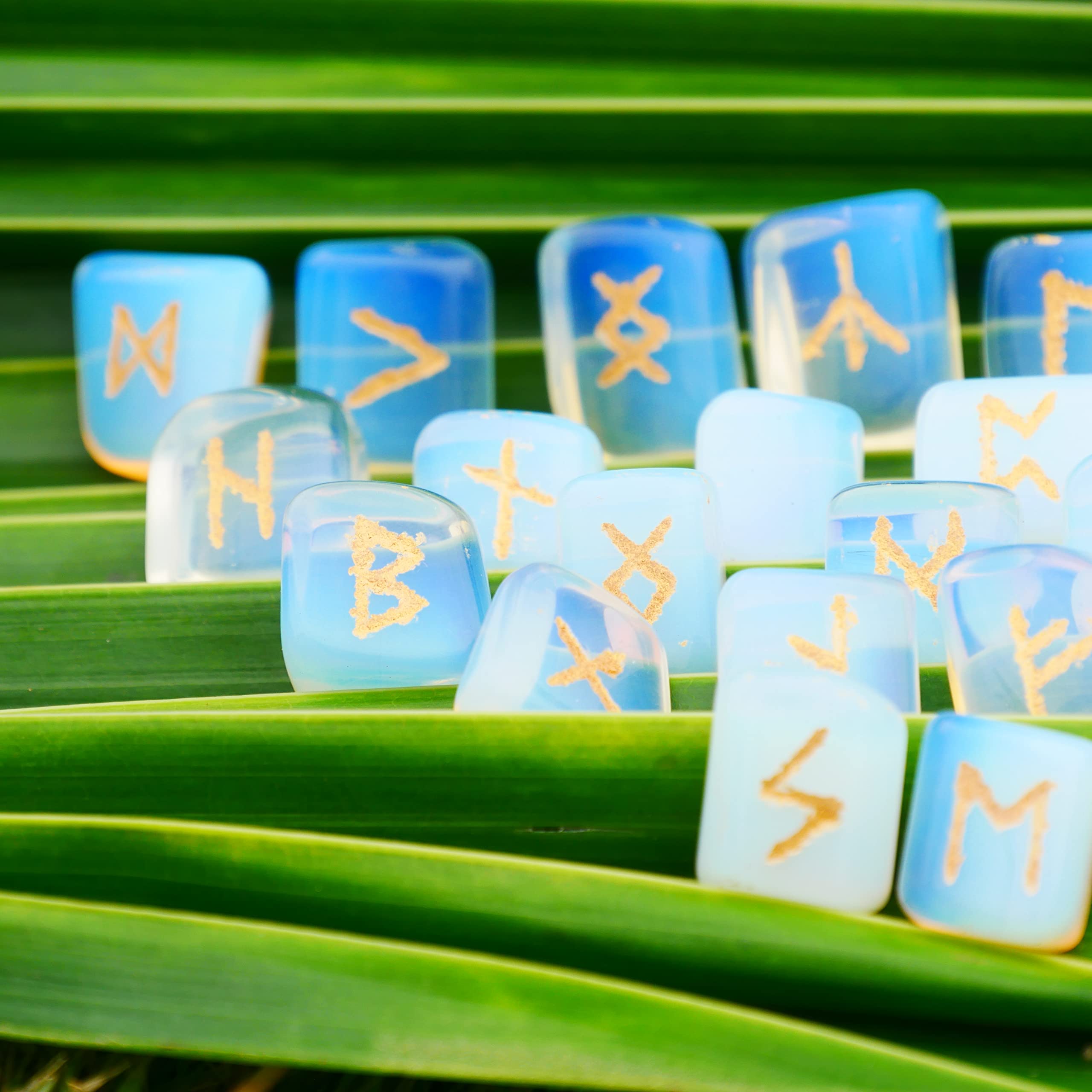 Opalite Rune Stone - Rune Set - Engraved Elder Futhark Alphabet Symbols - Witchcraft Crystals QUIPSA