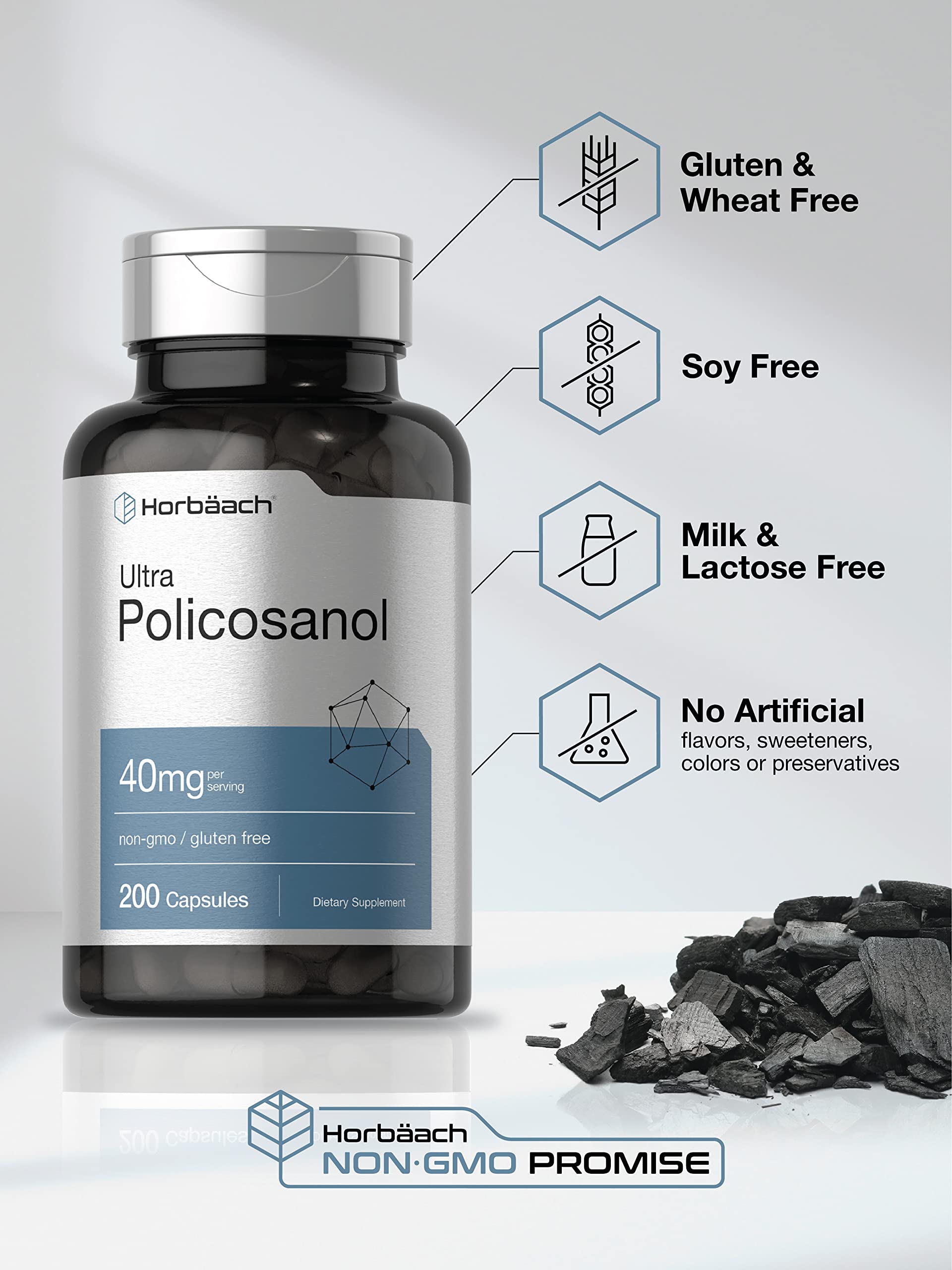 Policosanol 40mg | 200 Capsules | Non-GMO and Gluten Free | by Horbaach Horbäach