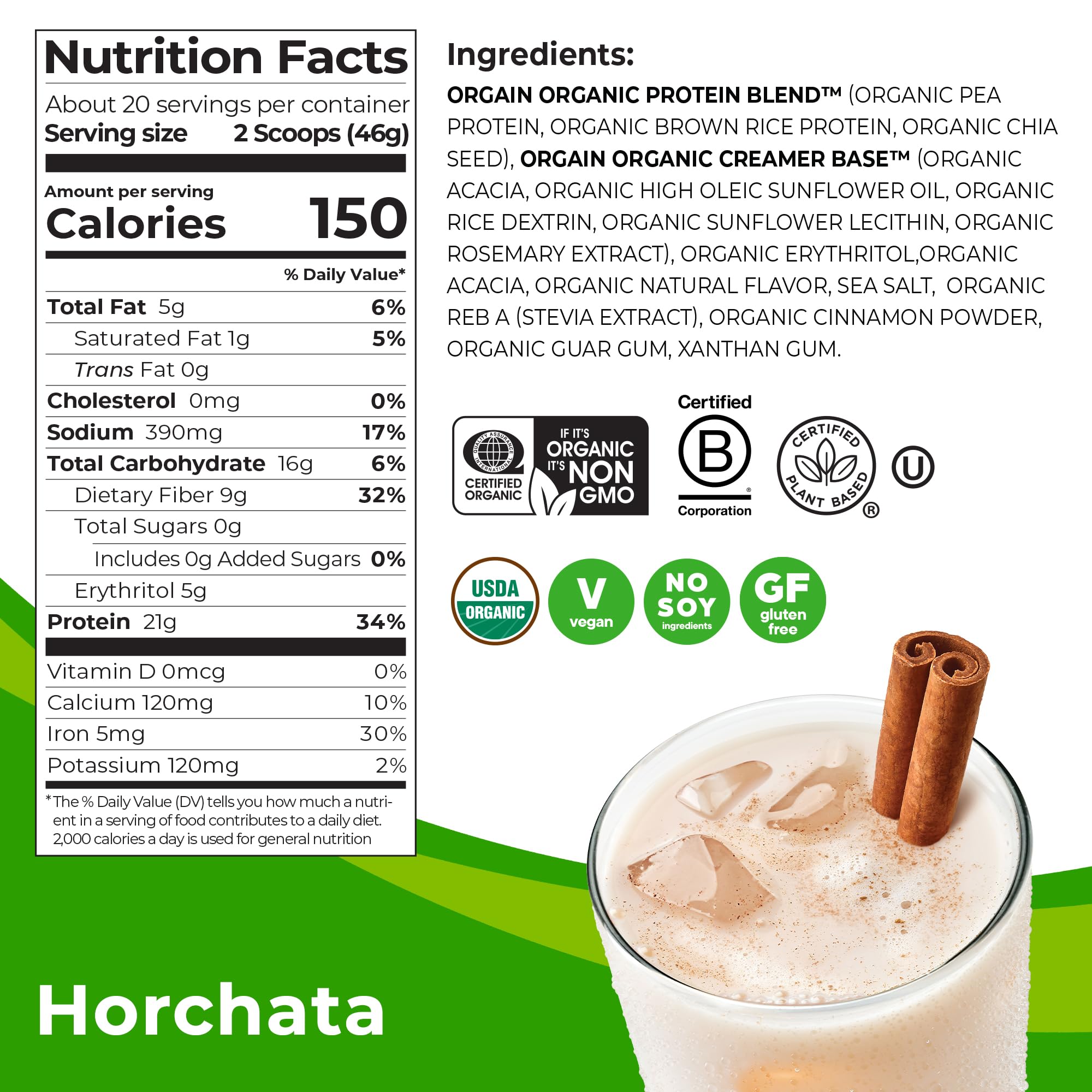 Orgain Organic Vegan Protein Powder, Horchata - 21g of Plant Based Protein, Low Net Orgain