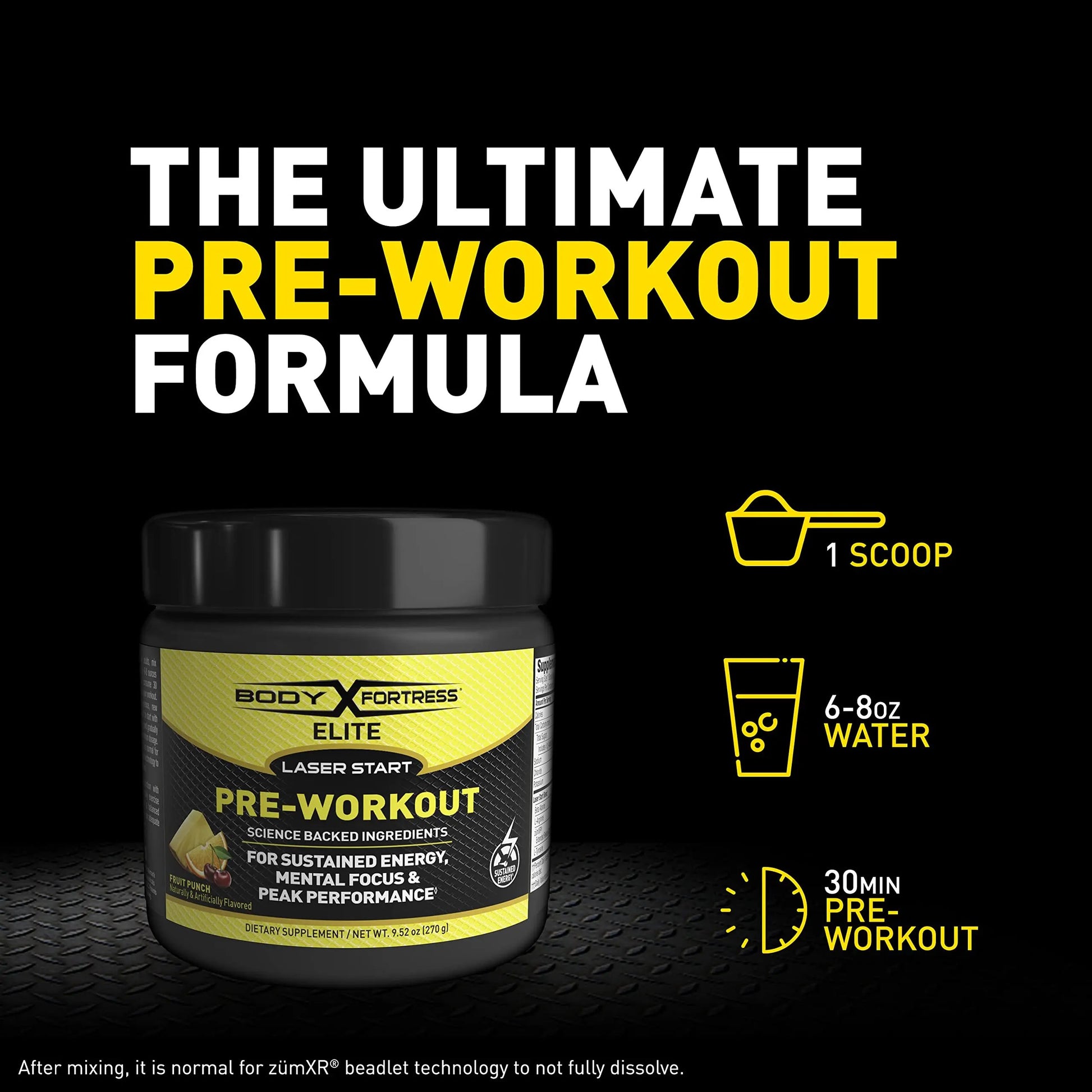 Body Fortress Elite Laser Start Pre-Workout Powder,ZümXR Caffeine for Sustained Energy Body Fortress