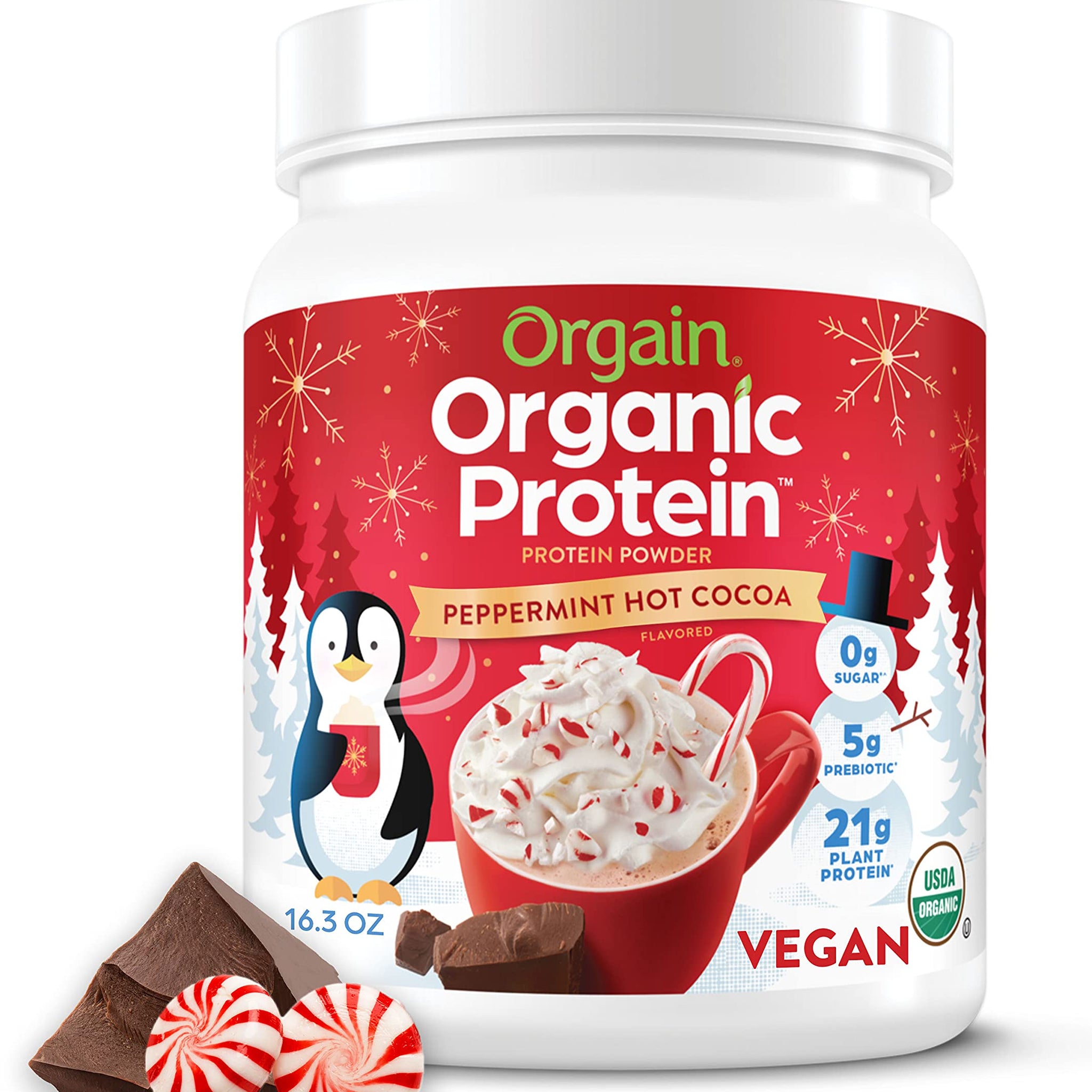 Orgain Organic Vegan Protein Powder, Peppermint Hot Cocoa Seasonal Holiday Flavor 