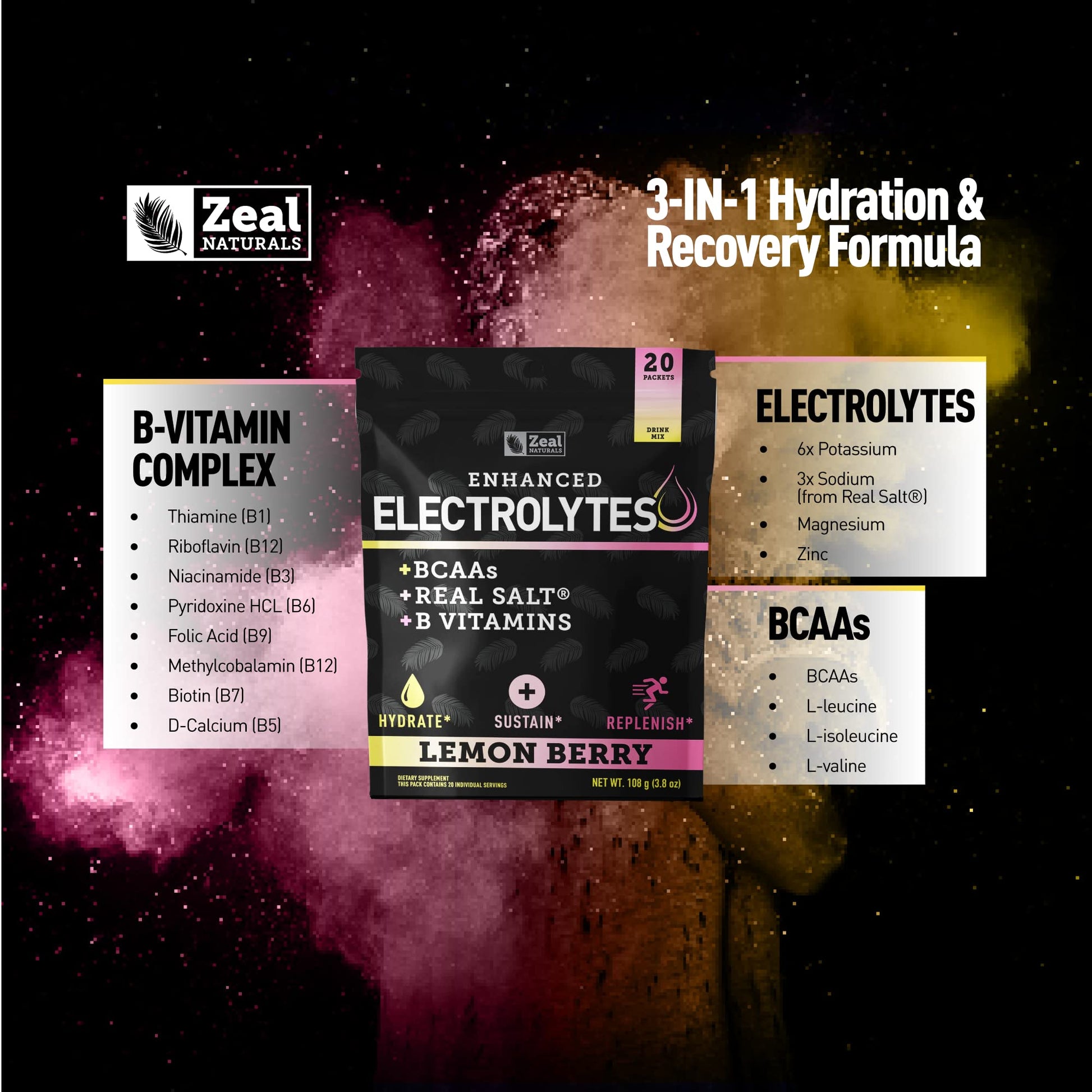 Enhanced Powder Stick Packs (Lemon Berry - 20 Packets) Sugar Free + BCAA B-Vitamins Zeal Naturals