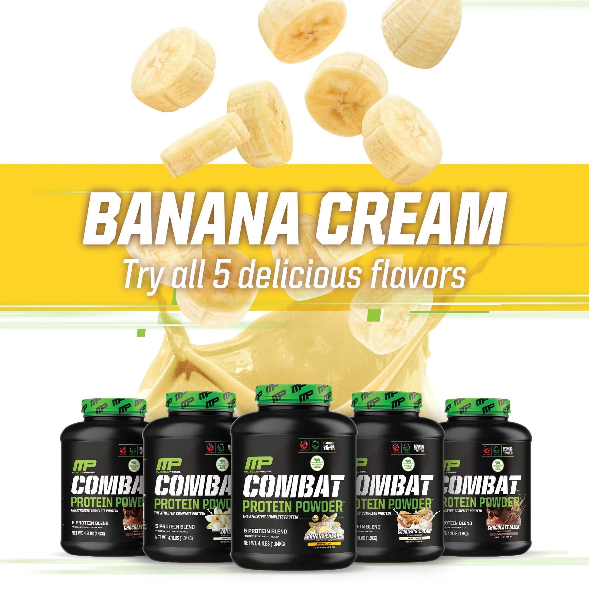 MusclePharm Combat Protein Powder, Banana Cream - 4 lb - Gluten Free - 52 Servings Muscle Pharm