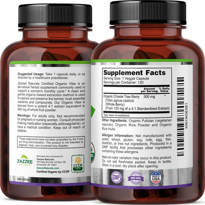 Zazzee USDA Organic Vitex, 500 mg Strength, 120 Vegan Capsules, 4 Month Supply