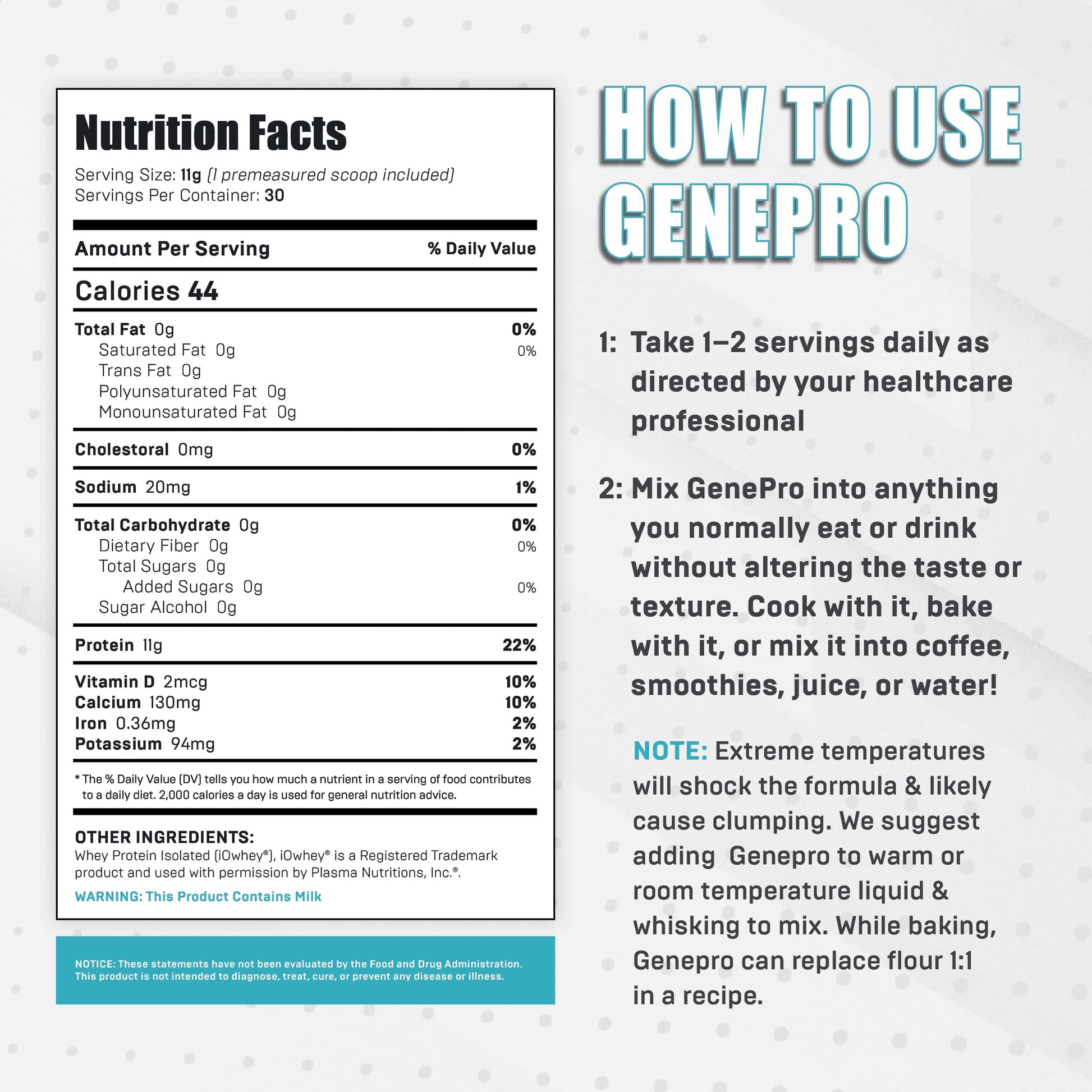 Genepro Unflavored Protein Powder - New Formula - Lactose-Free, Gluten-Free, & Non Genepro Gen. 3 The Protein Solution