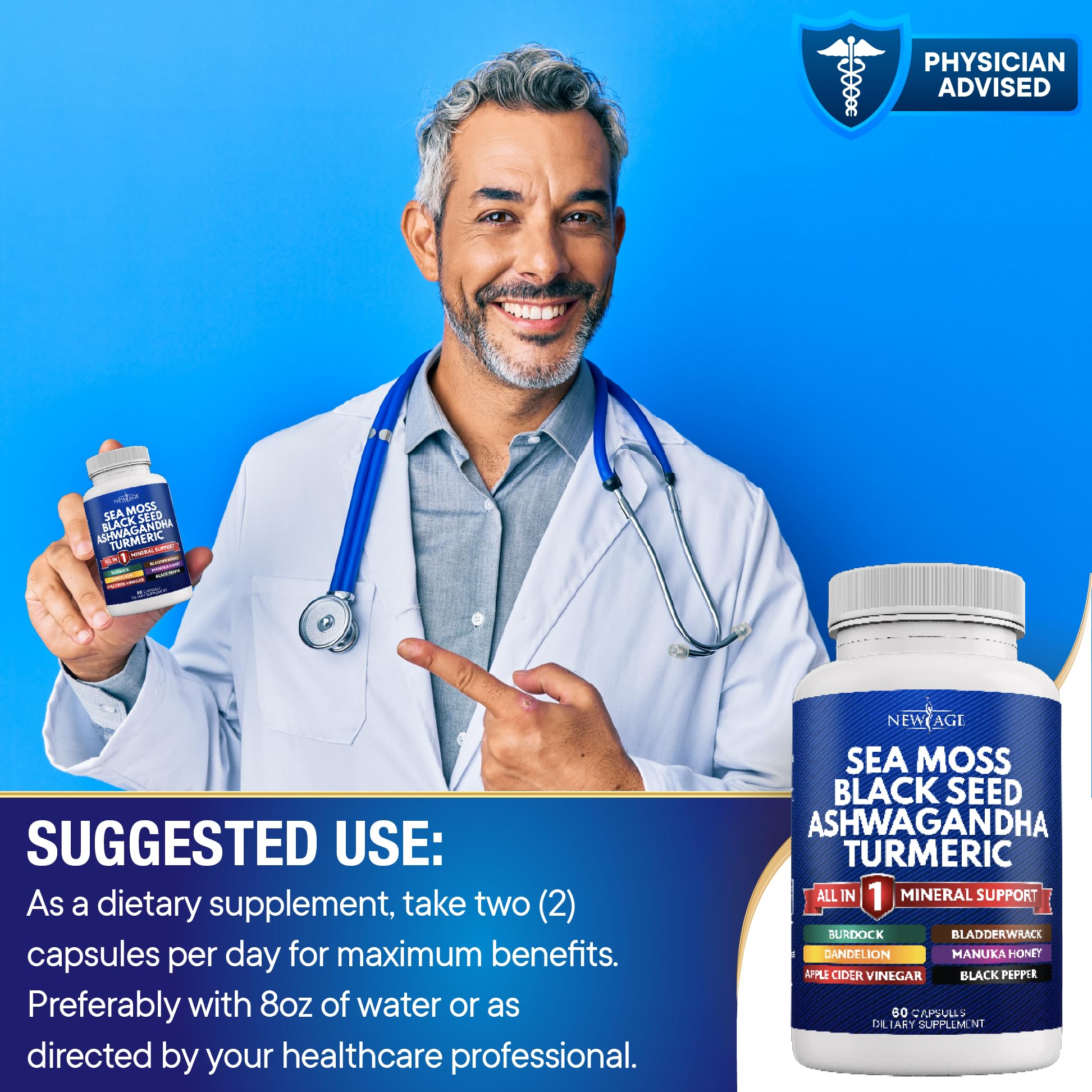 Silica Sea Moss 3000mg Black Seed Oil 2000mg Ashwagandha 1000mg Turmeric 1000mg NEW AGE