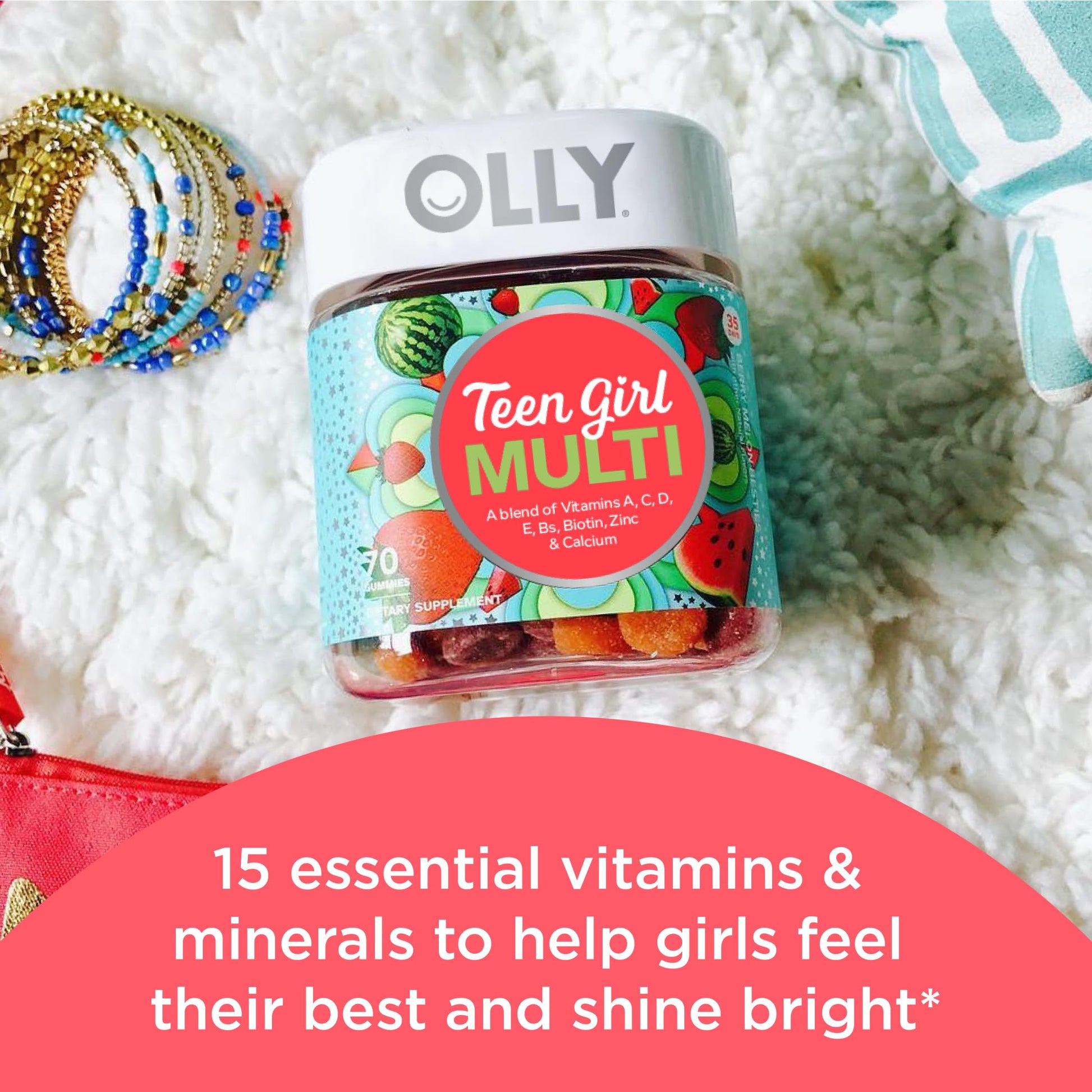 OLLY Teen Girl Multi Gummy, Healthy Skin and Immune Support, 15 Essential Vitamins OLLY