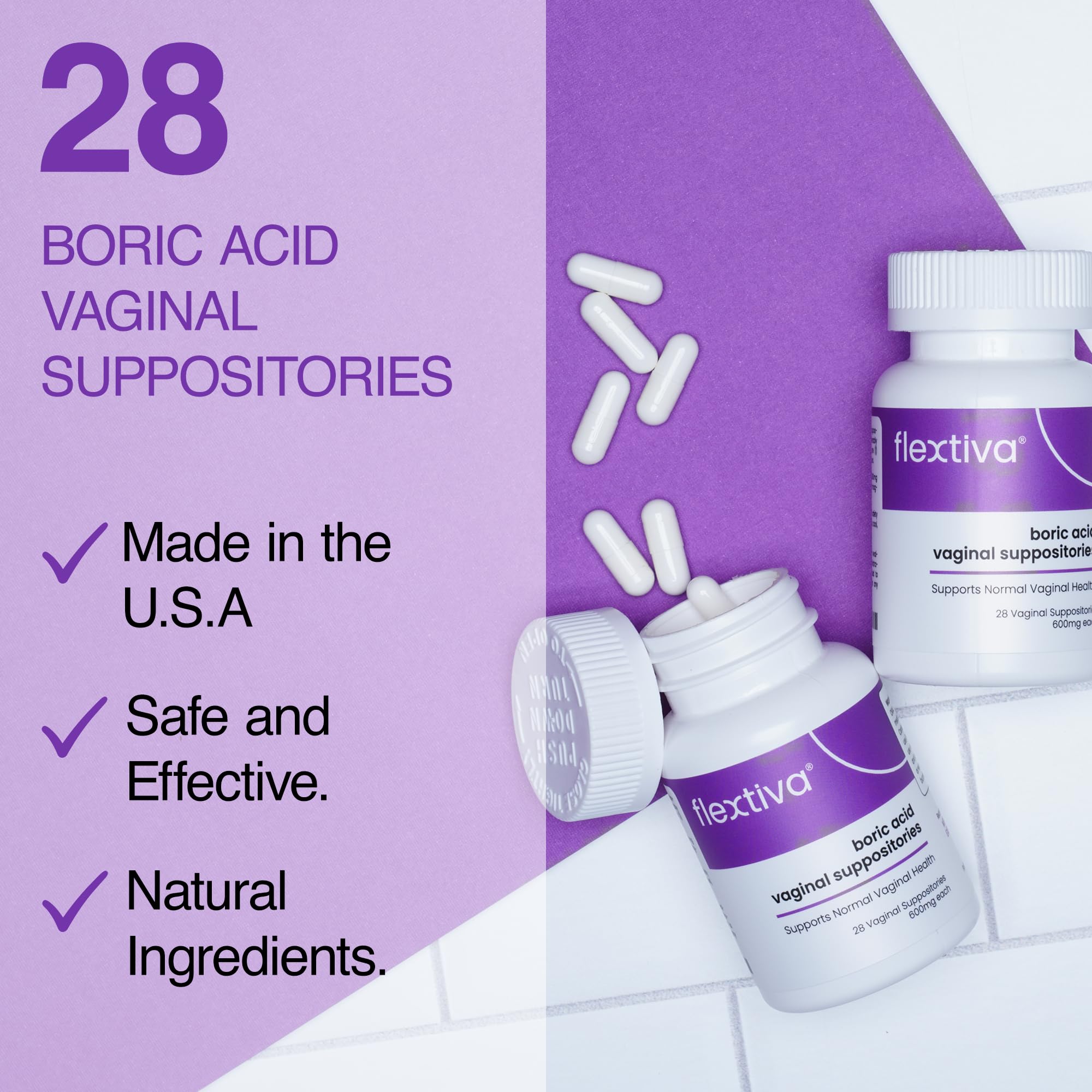 Flextiva Boric Acid Vaginal Suppositories - Boric Acid Pills for Women - Vaginal Health pH Balance for Women Flextiva