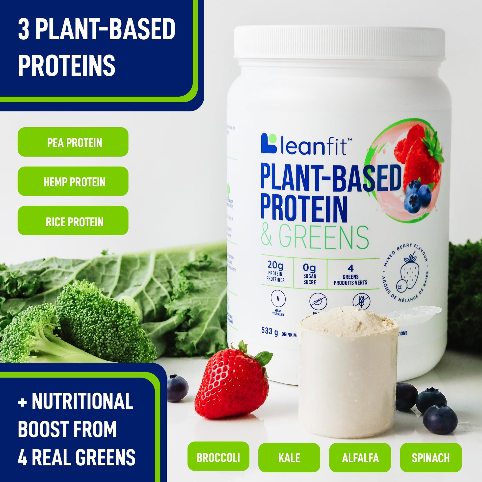 LeanFit Plant-Based Protein & Greens, Natural Berry, 20g Protein, 19 Servings, 1.25 Pound LeanFit