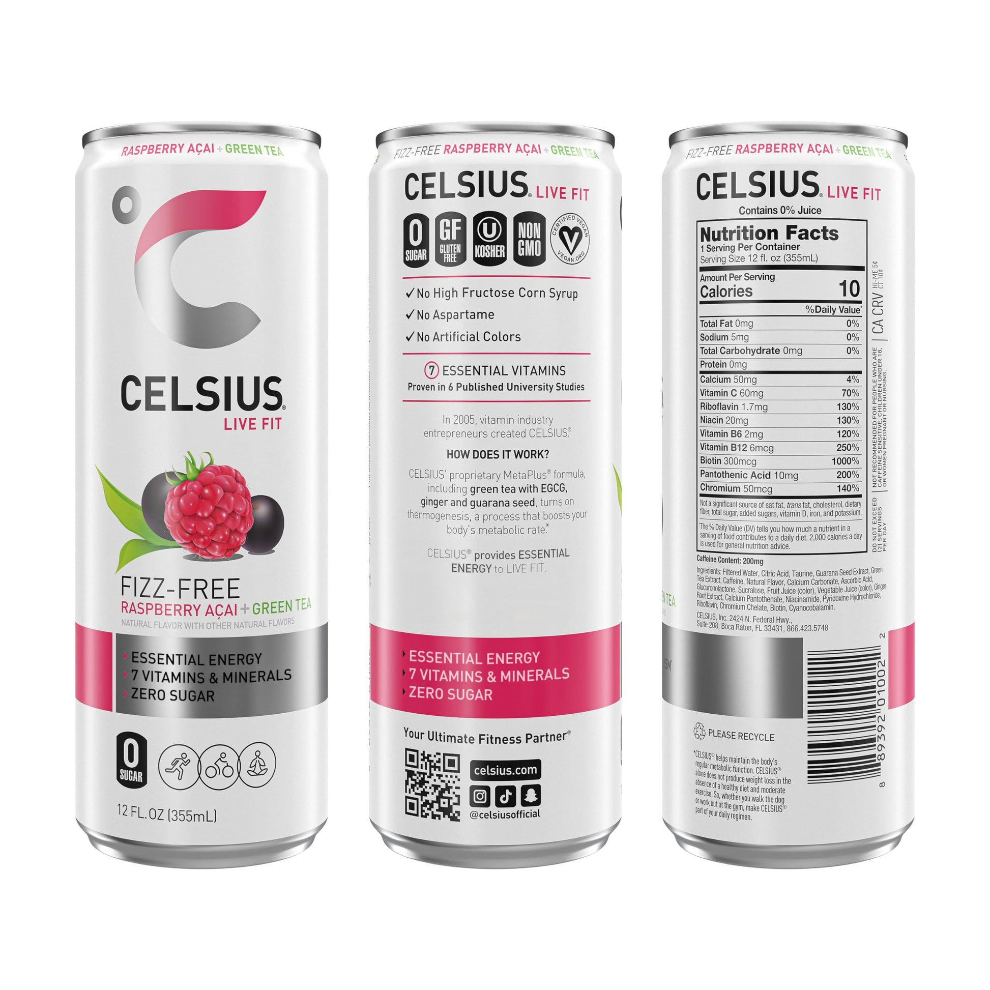 CELSIUS Raspberry Acai Green Tea, Functional Essential Energy Drink 12 Fl Oz (Pack of 12) Packaging may vary CELSIUS