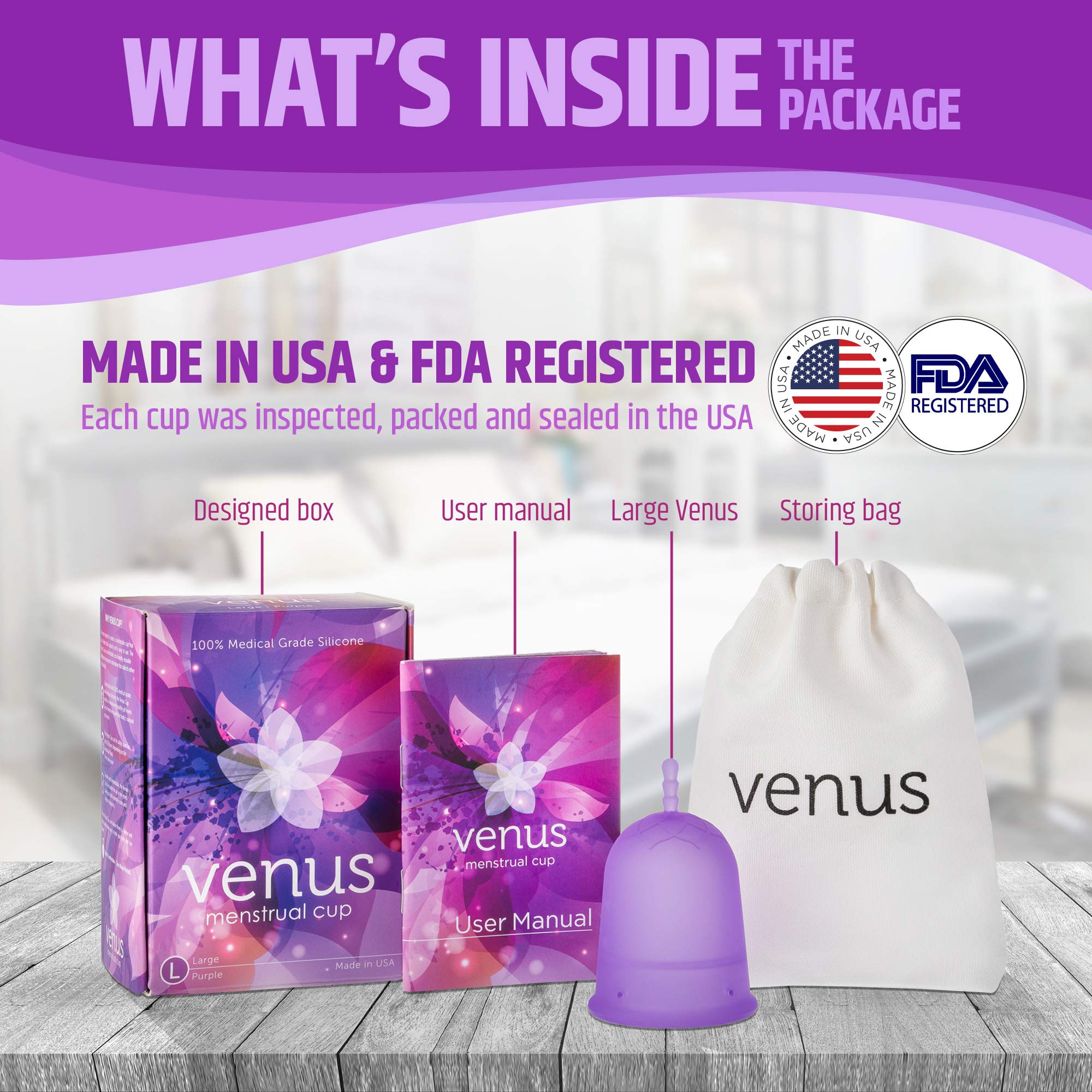 Venus Large Menstrual Cup – High Capacity for Heavy Flow -Made in USA - 100% Medical Grade Silicone VENUS