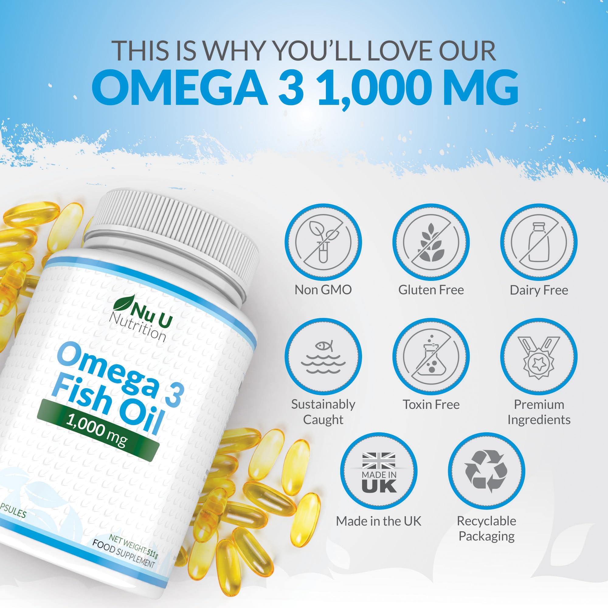 Omega 3 Fish Oil 1000mg - 365 Softgel Capsules - Up to 12 Month’s Supply - Pure Fish Oil Nu U Nutrition