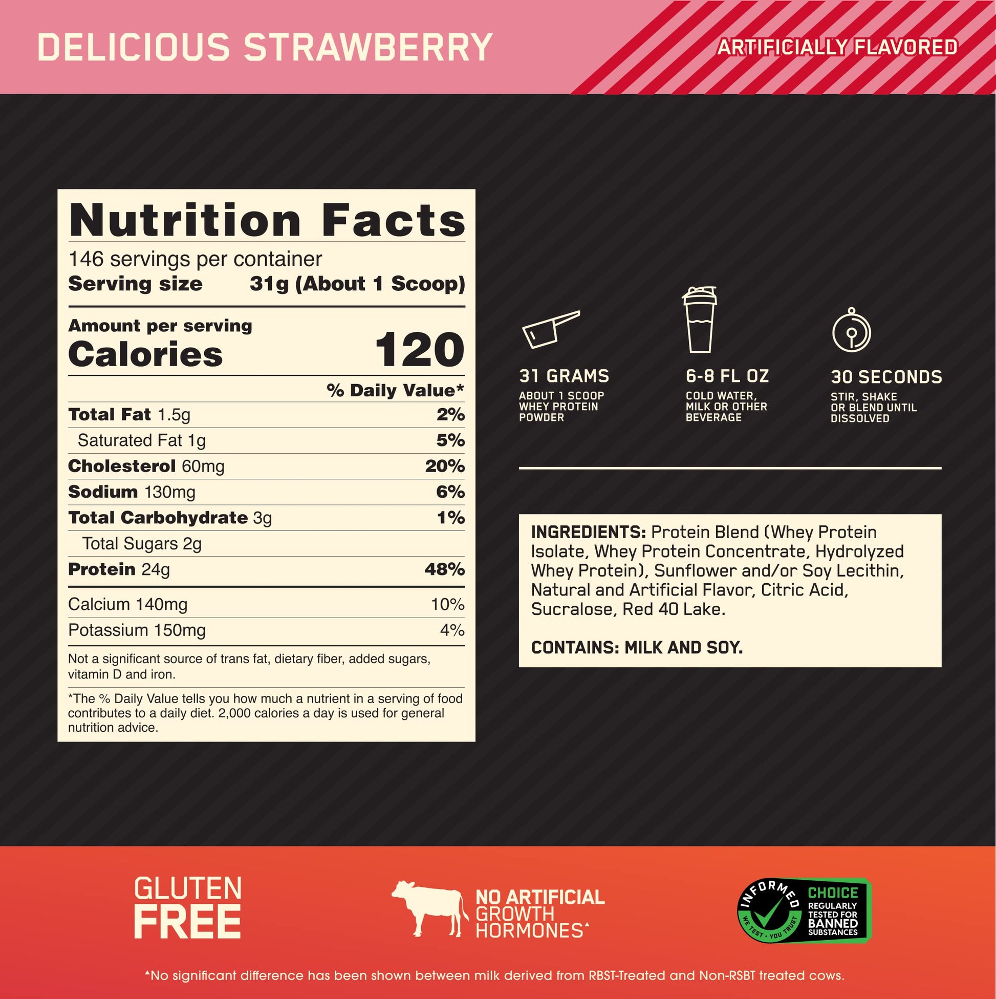 Optimum Nutrition Gold Standard 100% Whey Protein Powder, Delicious Strawberry Optimum Nutrition