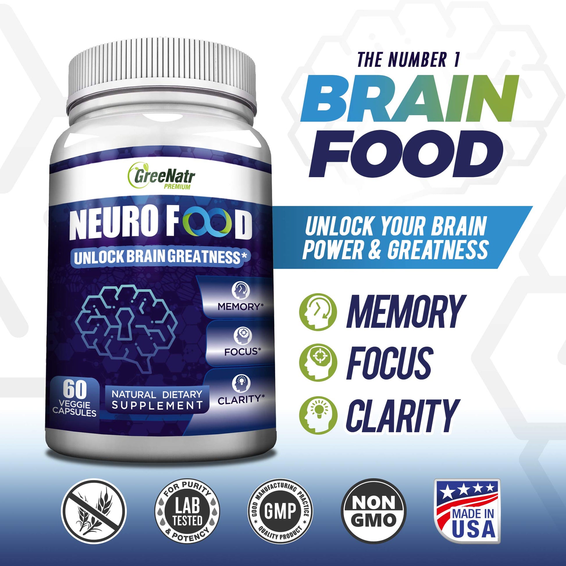 GreeNatr Brain Supplement with B12 Vitamin for Enhanced Memory, Energy, Focus, and Clarity GreeNatr