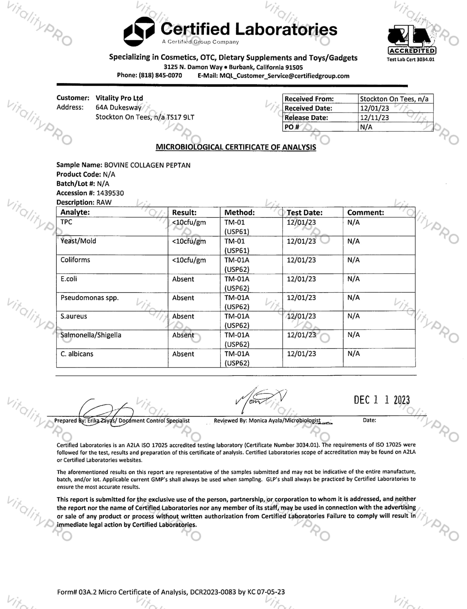 Advanced Collagen with Hyaluronic Acid - 12.95g x 30 Servings - Type 1 2 3 vP Vitality Pro