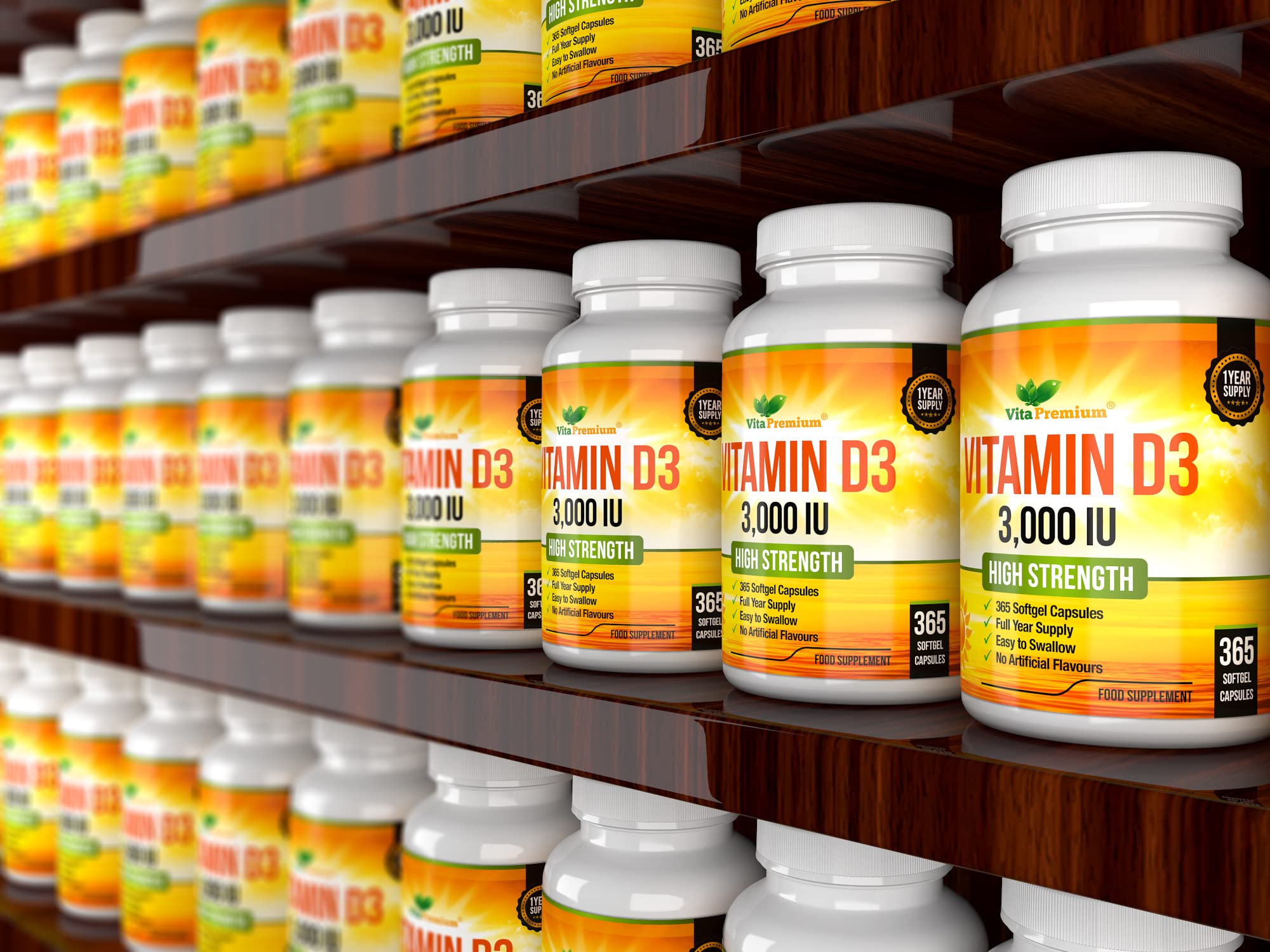 Vitamin D 3,000 IU, High Strength Vitamin D3 Supplement, 365 Easy to Swallow Softgels Vita Premium
