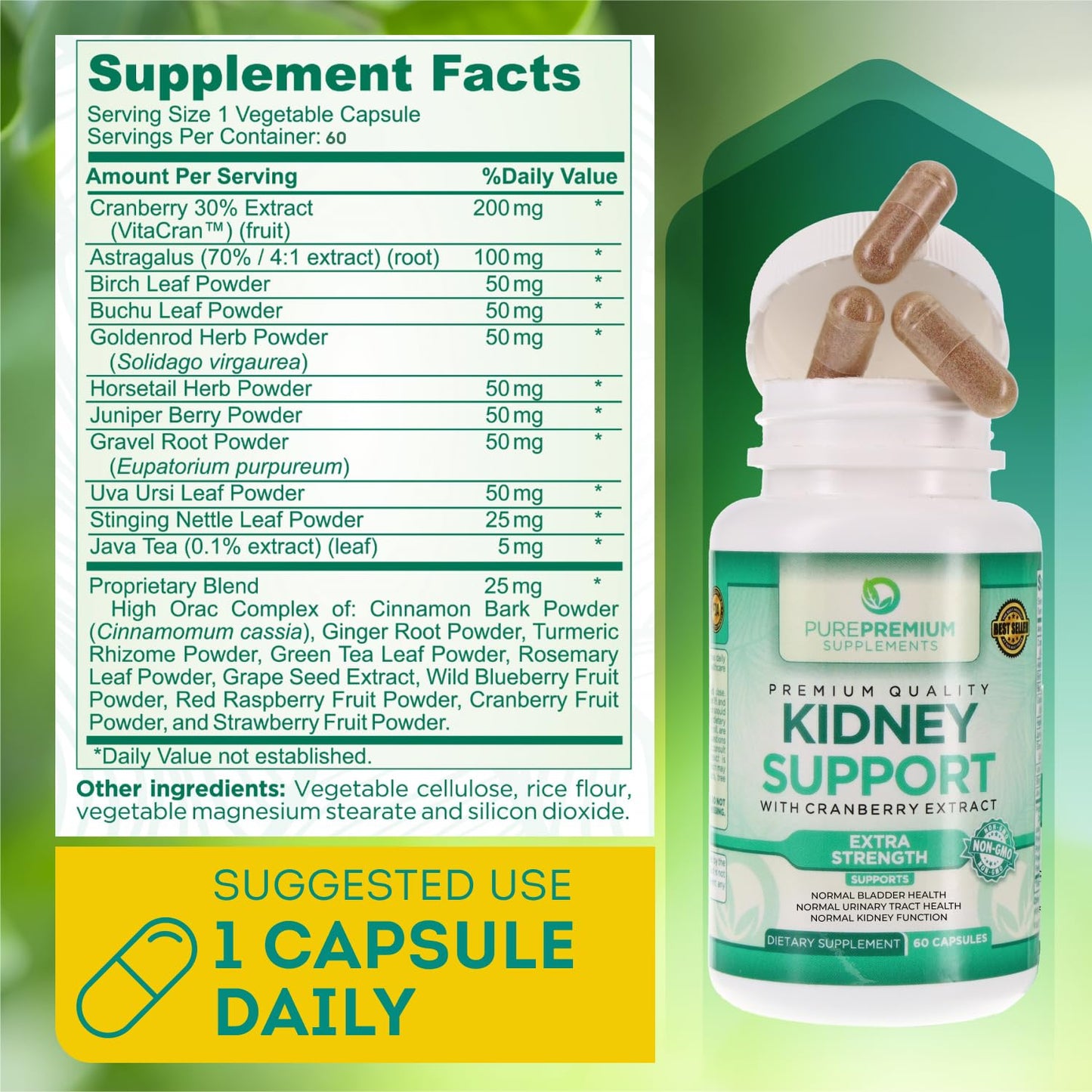 PurePremium Kidney Support Supplement with Cranberry Extract - Kidney Cleanse, Detox