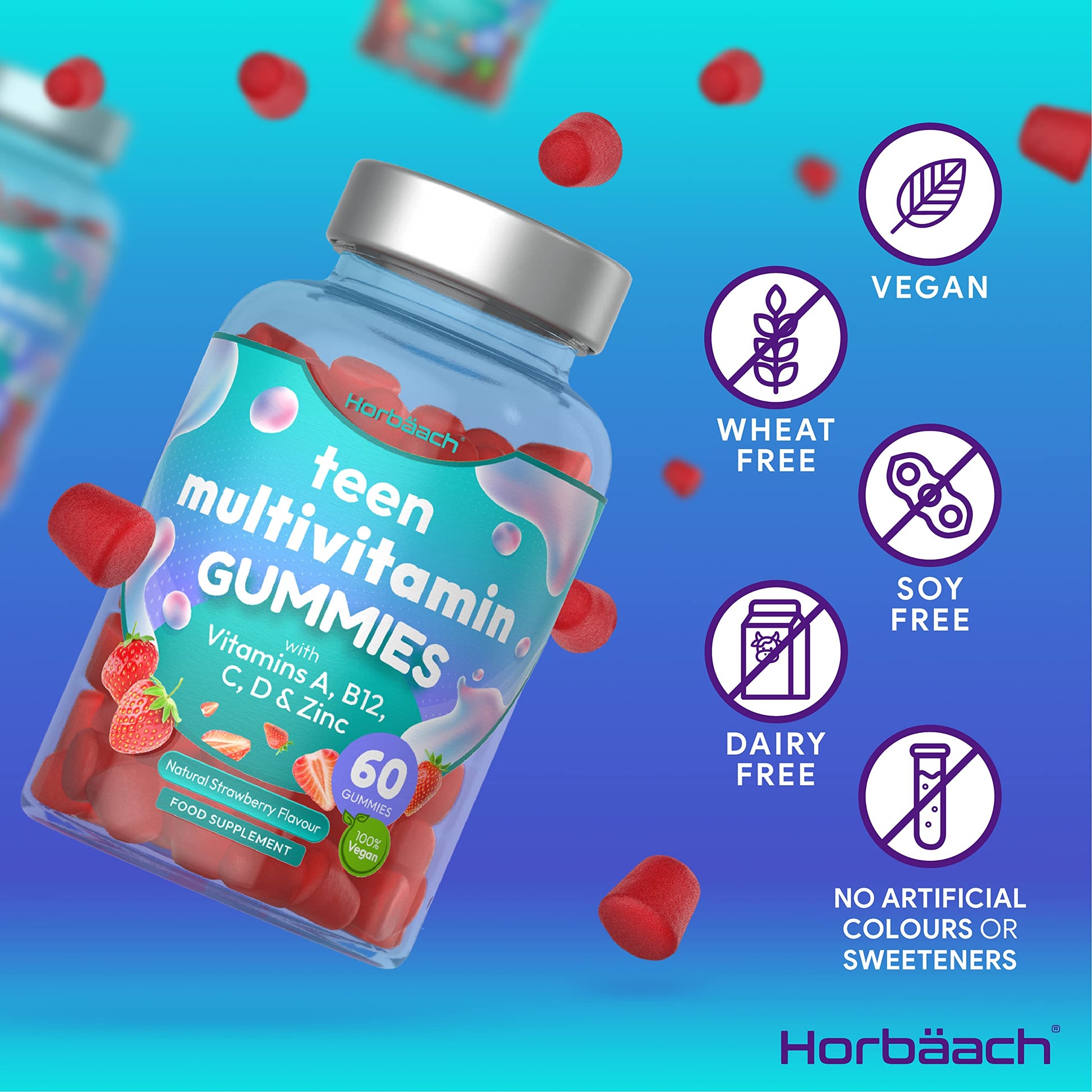 Multivitamins for Teens | 60 Vegan Gummies | 14 Essential Nutrients | with Vitamin A, B12 Horbäach