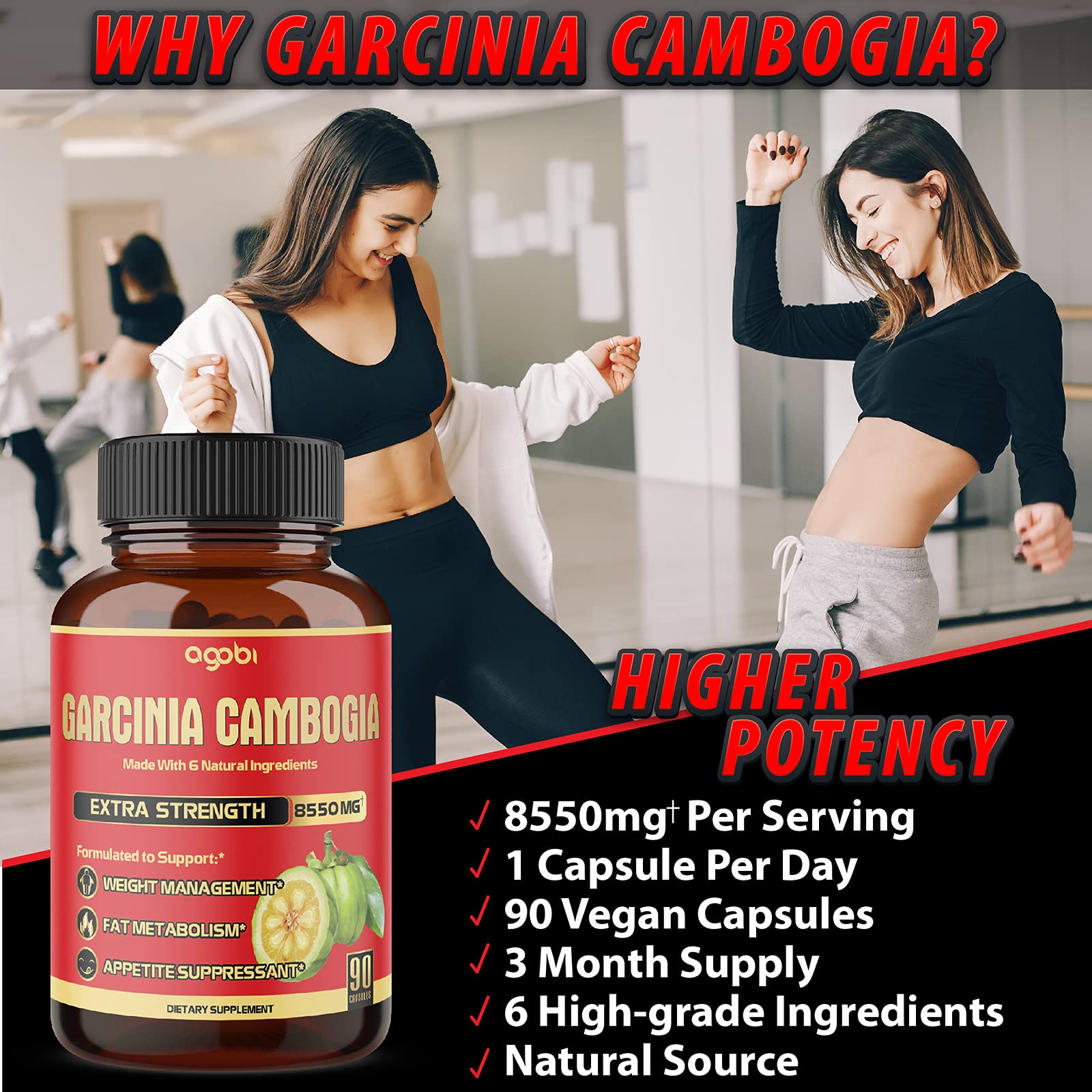 agobi Pure Garcinia Cambogia Capsules 8550mg - 6in1 with Green Tea, Arjuna, Garlic Bulb agobi