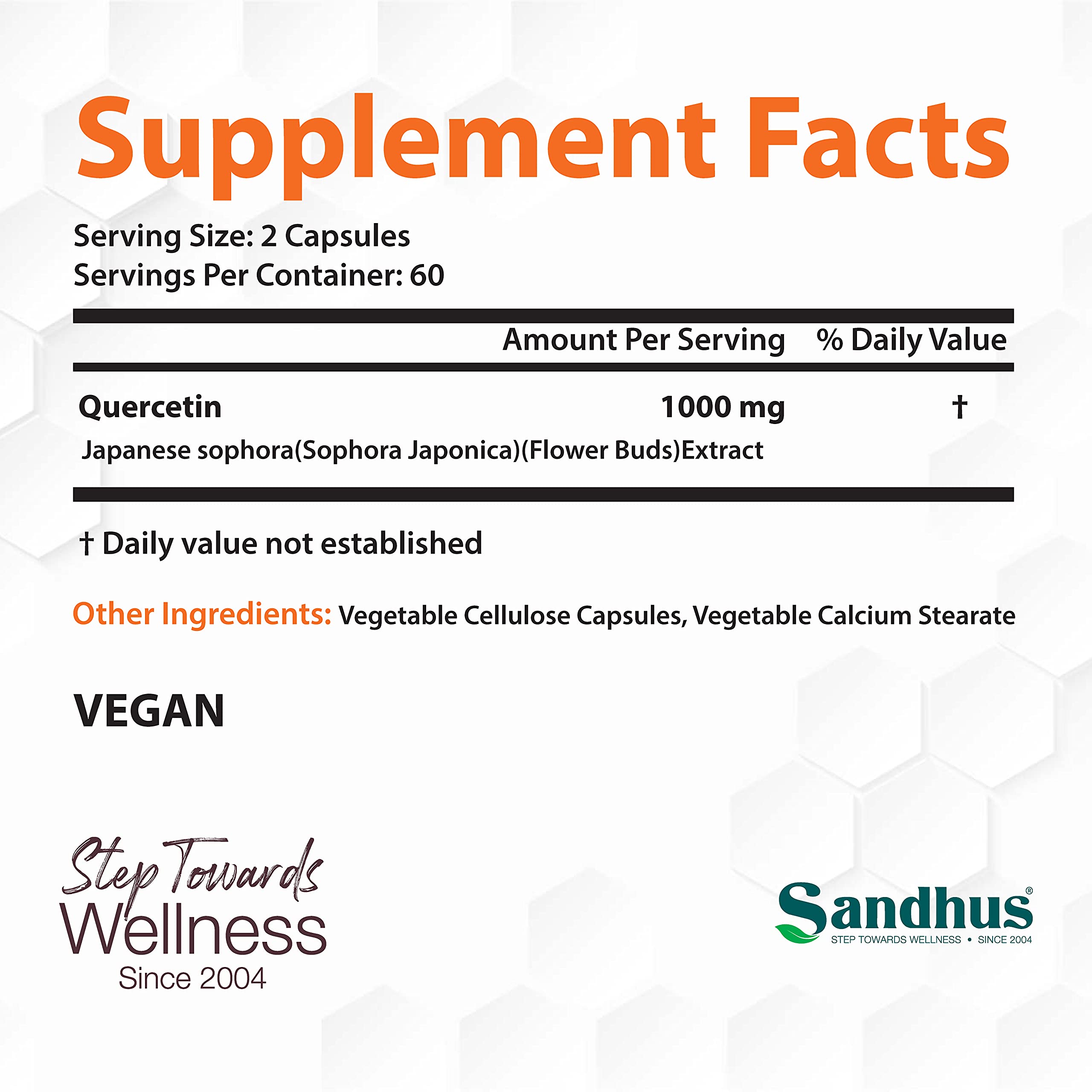 Sandhu's Quercetin 1000mg Per Serving 120 Count Vegetarian Capsules Bioflavonoids Sandhu's