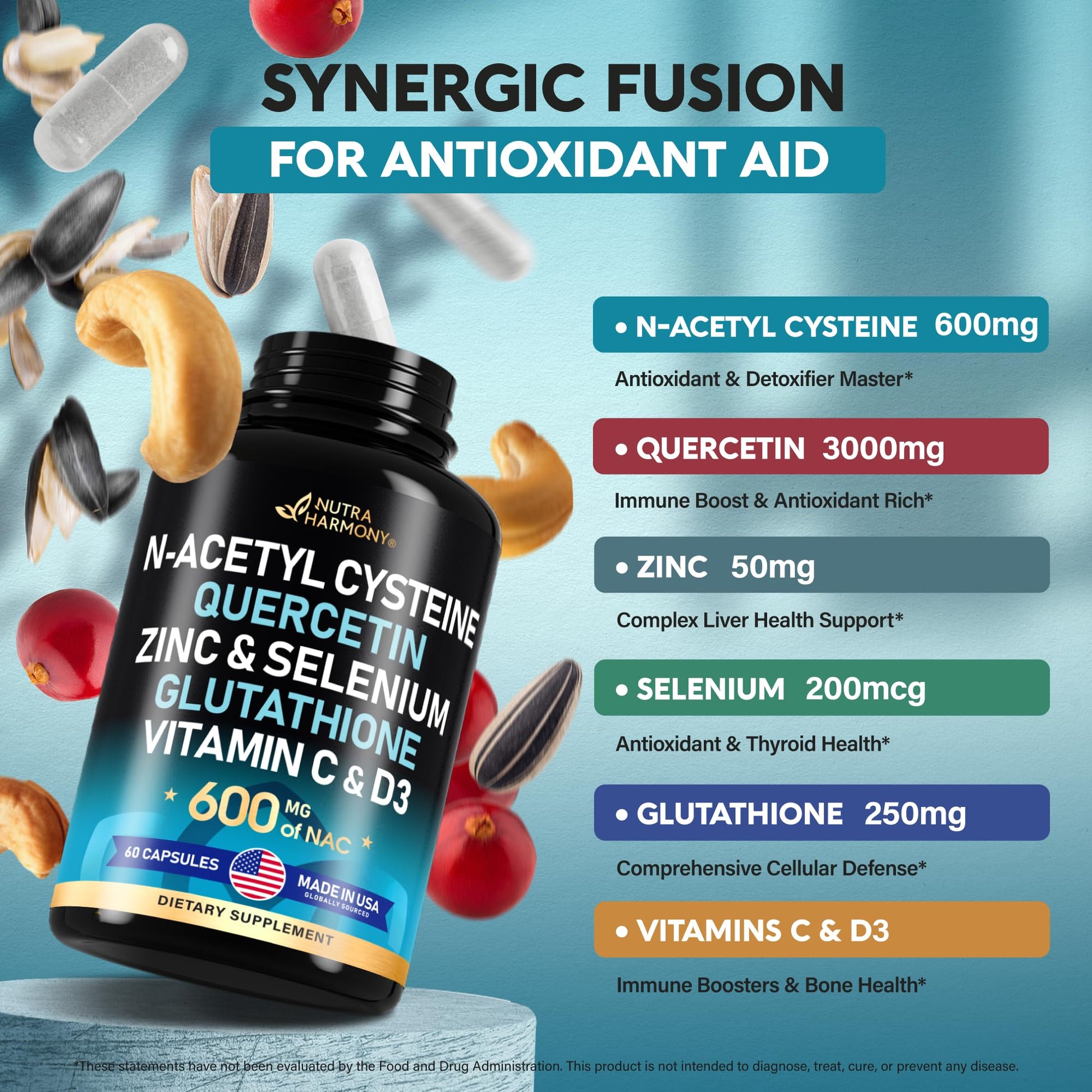 NAC 600 mg Supplement | Quercetin | Zinc | Glutathione | Selenium | Vitamin C & D3 NUTRAHARMONY