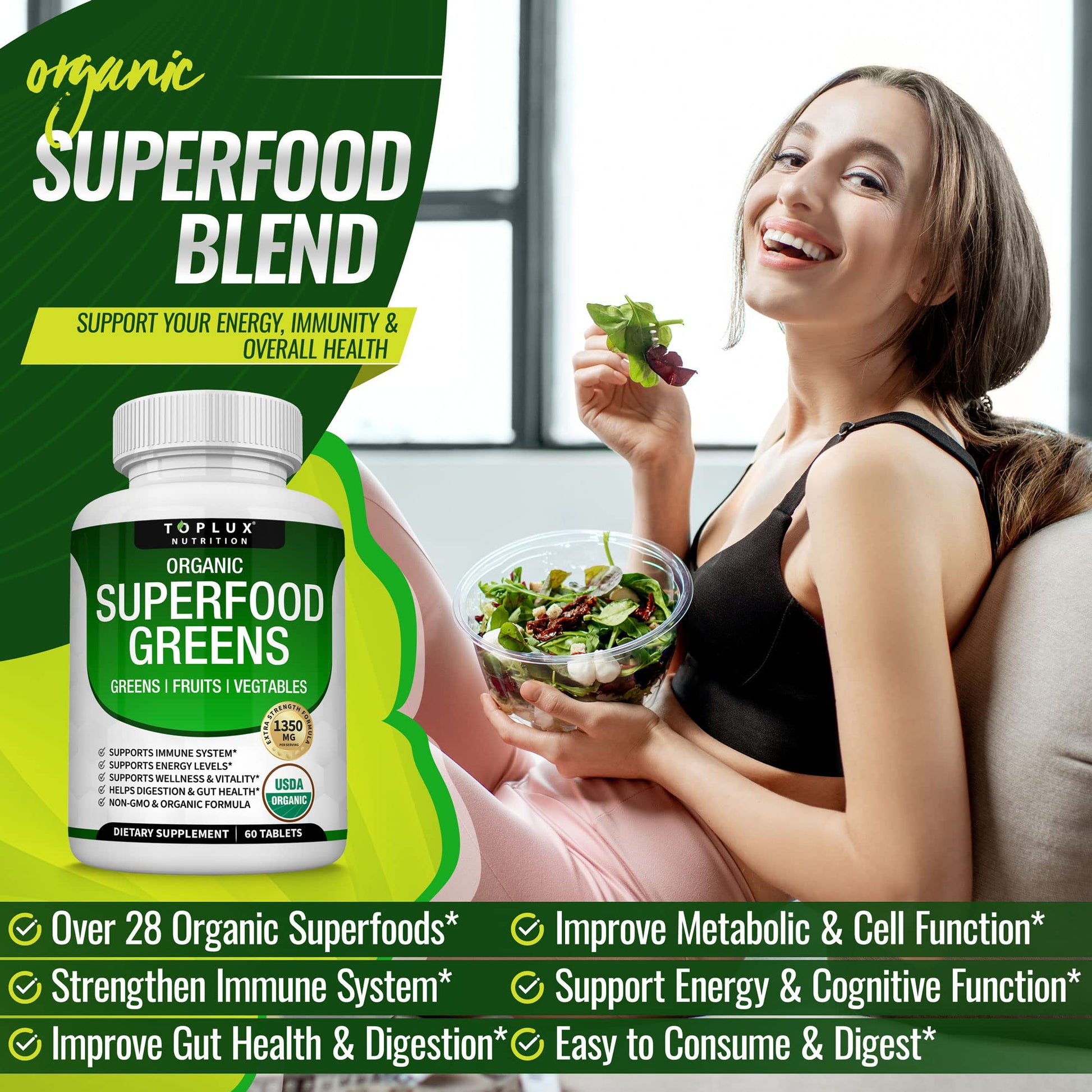 Organic Super Greens Capsules Superfood Fruit Veggie Supplement - 28 Powerful Natural Toplux