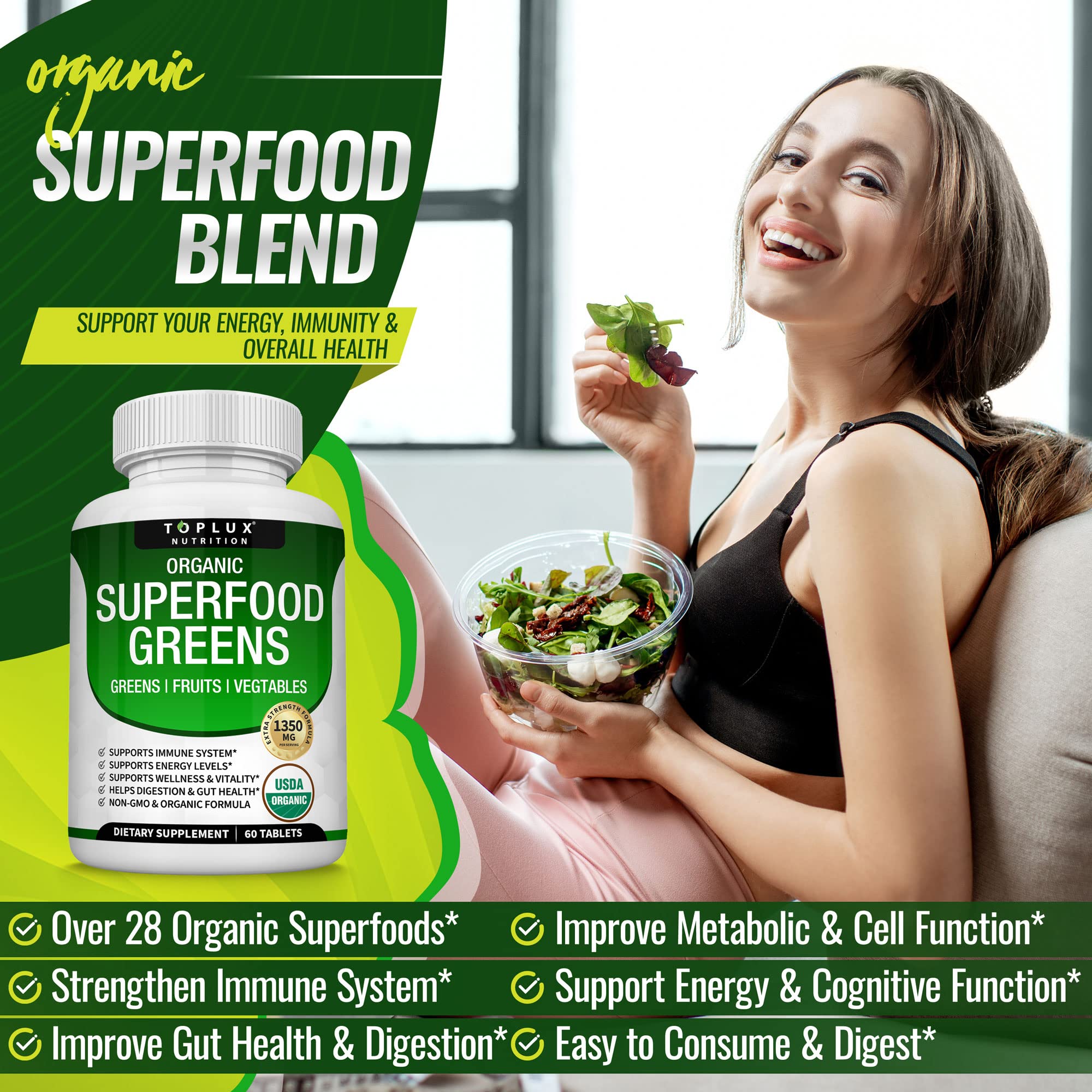 Organic Super Greens Capsules Superfood Fruit Veggie Supplement - 28 Powerful Natural Toplux