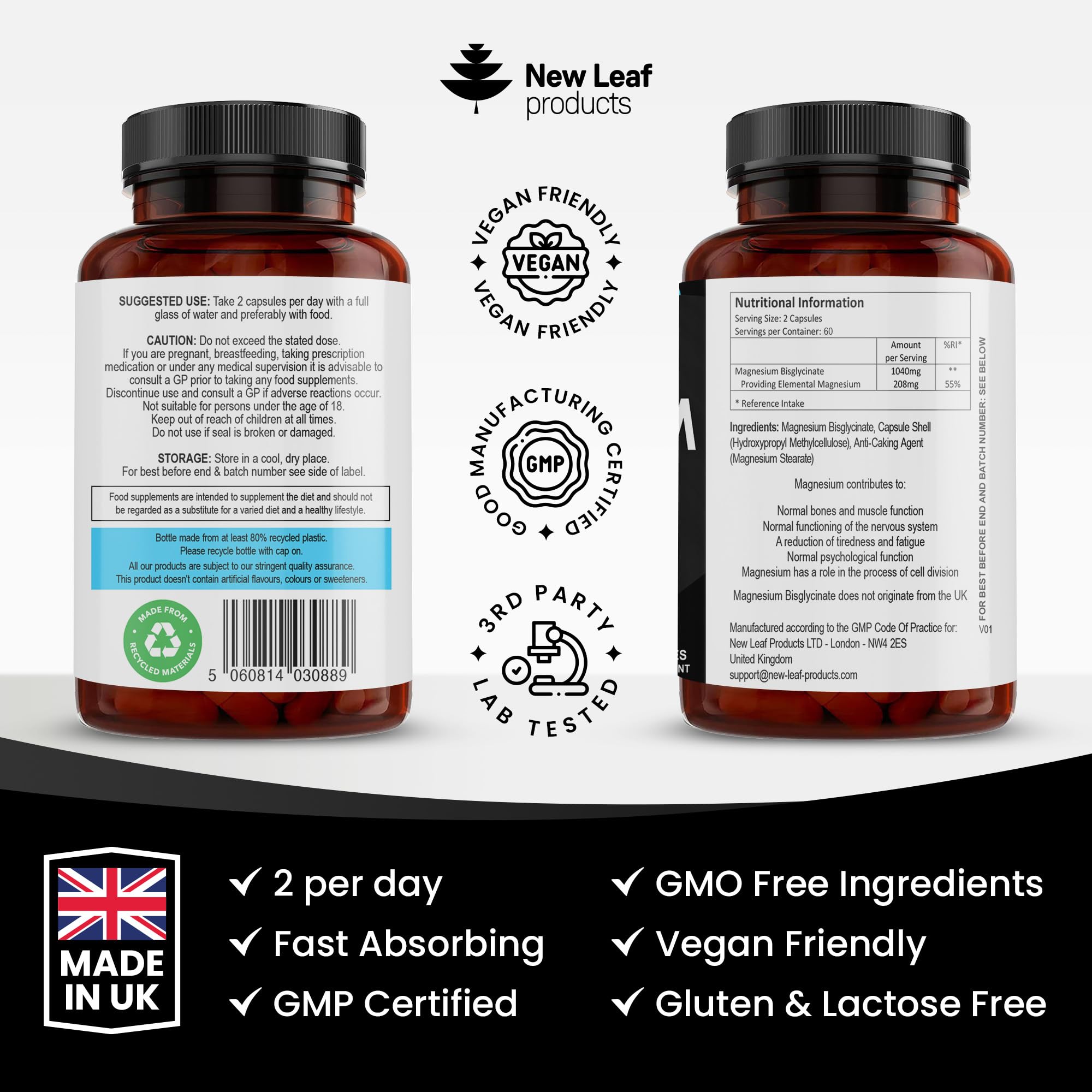 Magnesium Glycinate Supplements - 1040mg of Magnesium - 120 High Strength Capsules NEW LEAF PRODUCTS