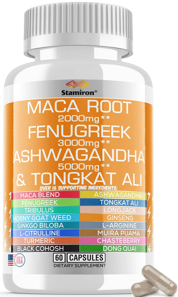 Stamiron Maca Root 2000mg Fenugreek 3000mg Ashwagandha 5000mg Supplement 