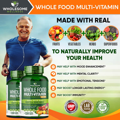 Whole Food Multivitamin for Men - Natural Multi Vitamins, Minerals, Organic Extracts Wholesome Wellness