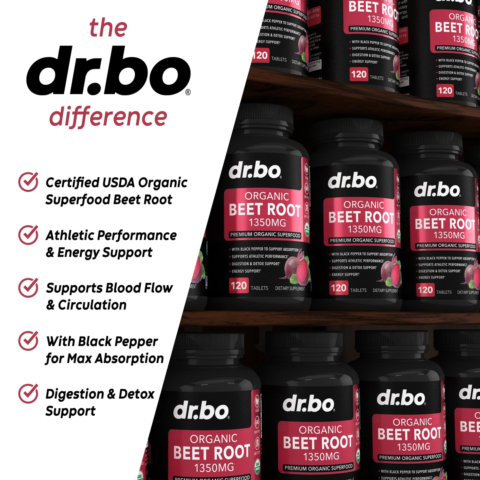 Organic Beet Root Capsules Supplements - 1350mg Beetroot Powder Extract Pills, Organic DR. BO