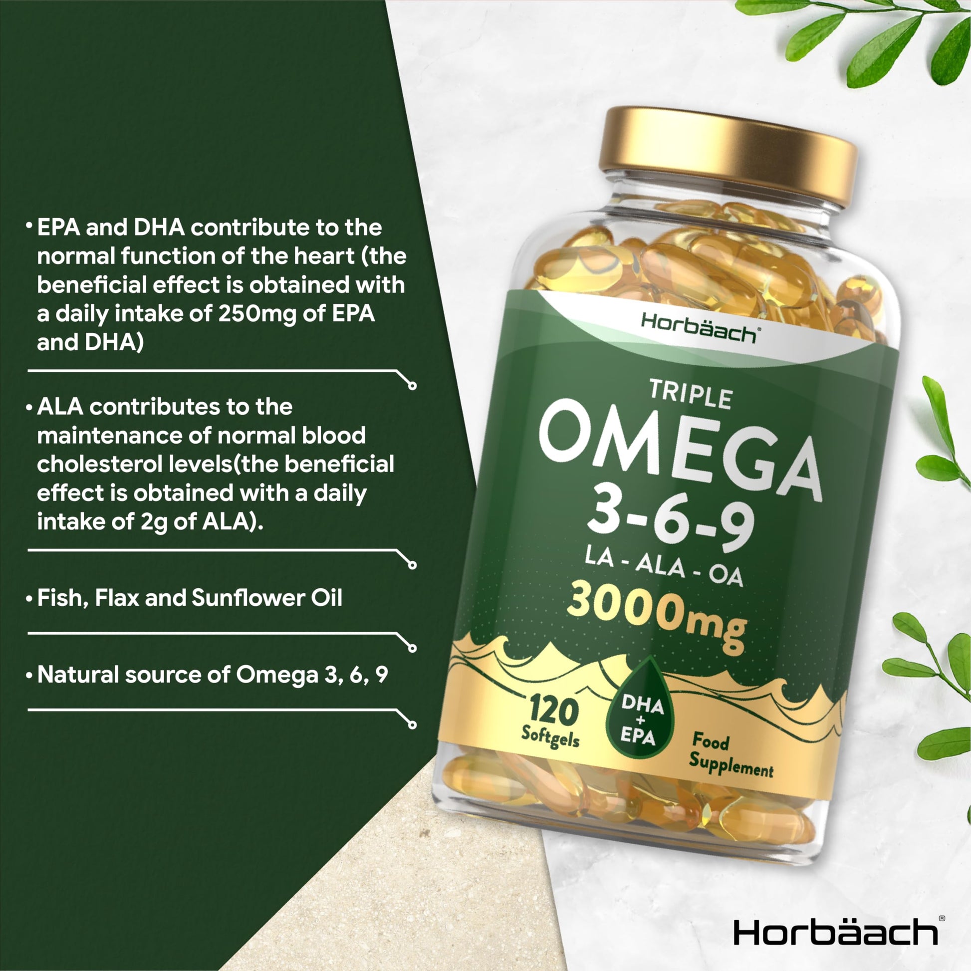 Omega 3 6 9 Capsules High Strength | 3000mg | 120 Softgels | Triple Omega 369 Horbäach