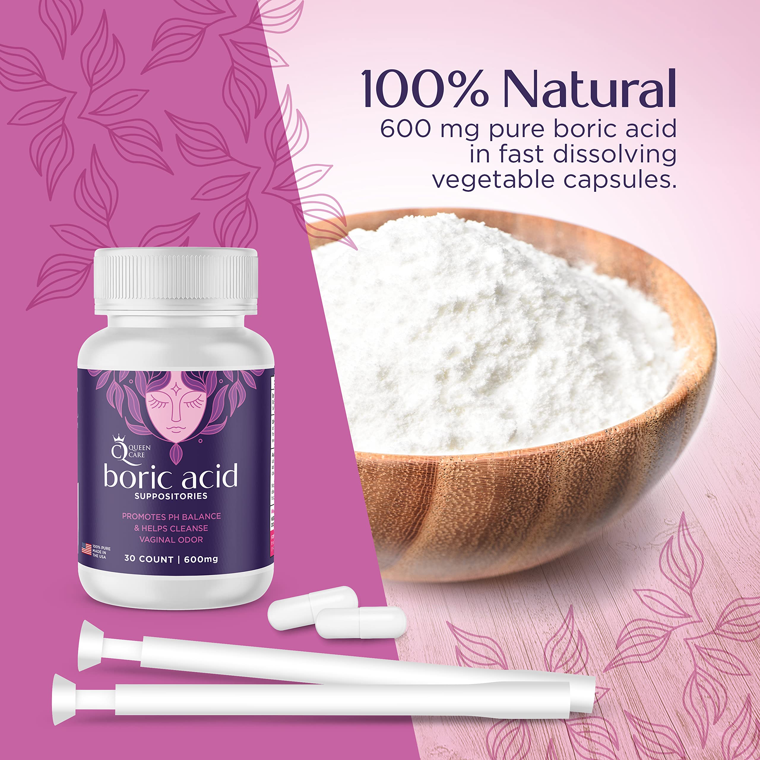 Queen Care - Boric Acid Suppositories & Applicators, Complete Feminine Care, PH Balance for Women Queen Care