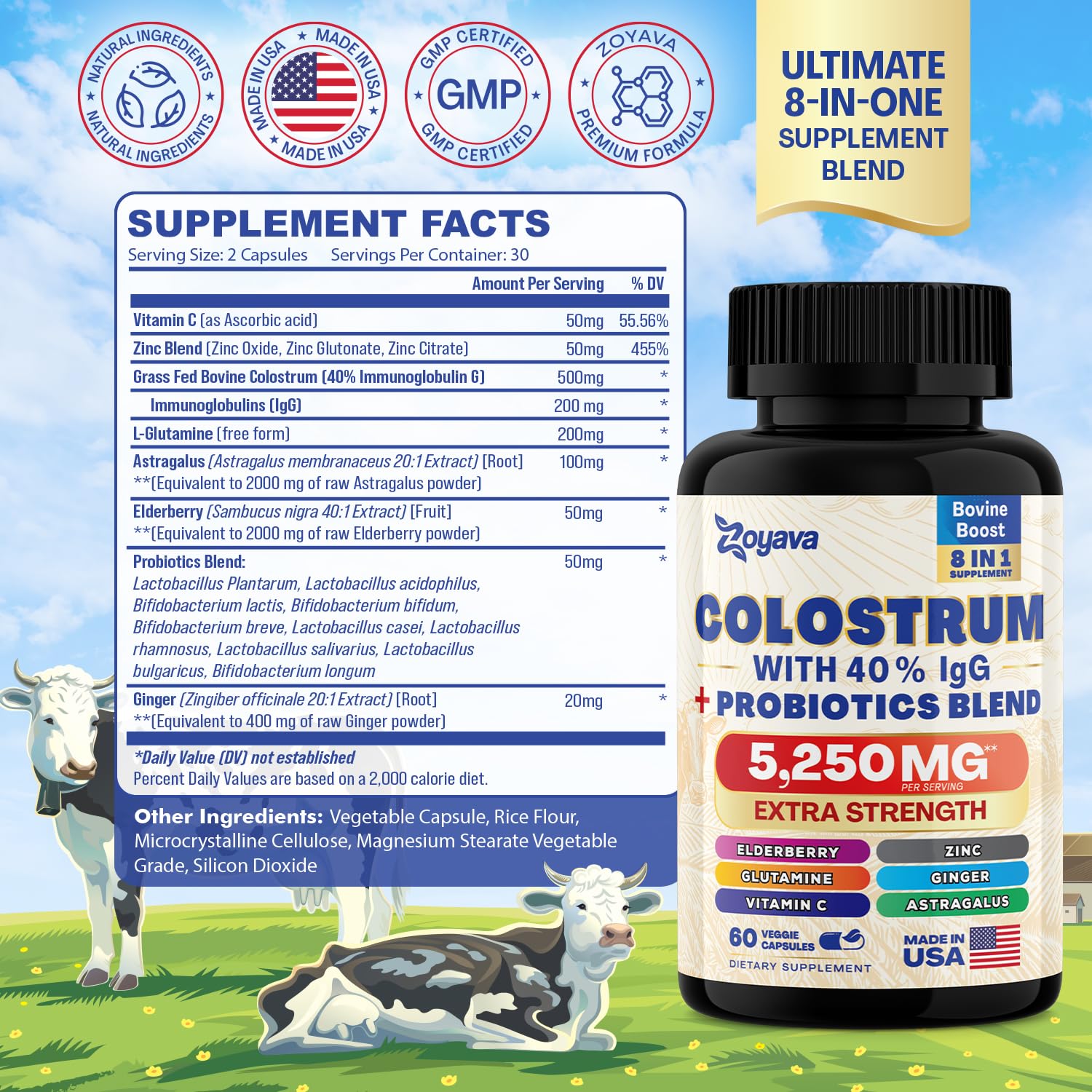Bovine Colostrum Supplement Capsules 5250 MG, Grass Fed Cow Colostrum Zoyava