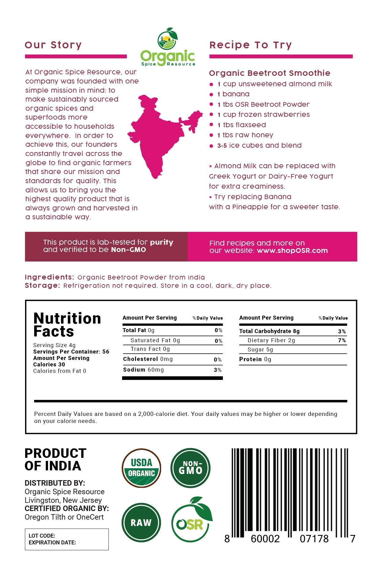 Organic Beet Root Powder | 8 oz or 226g | USDA Organic Approved, Raw and Non GMO Organic Spice Resource